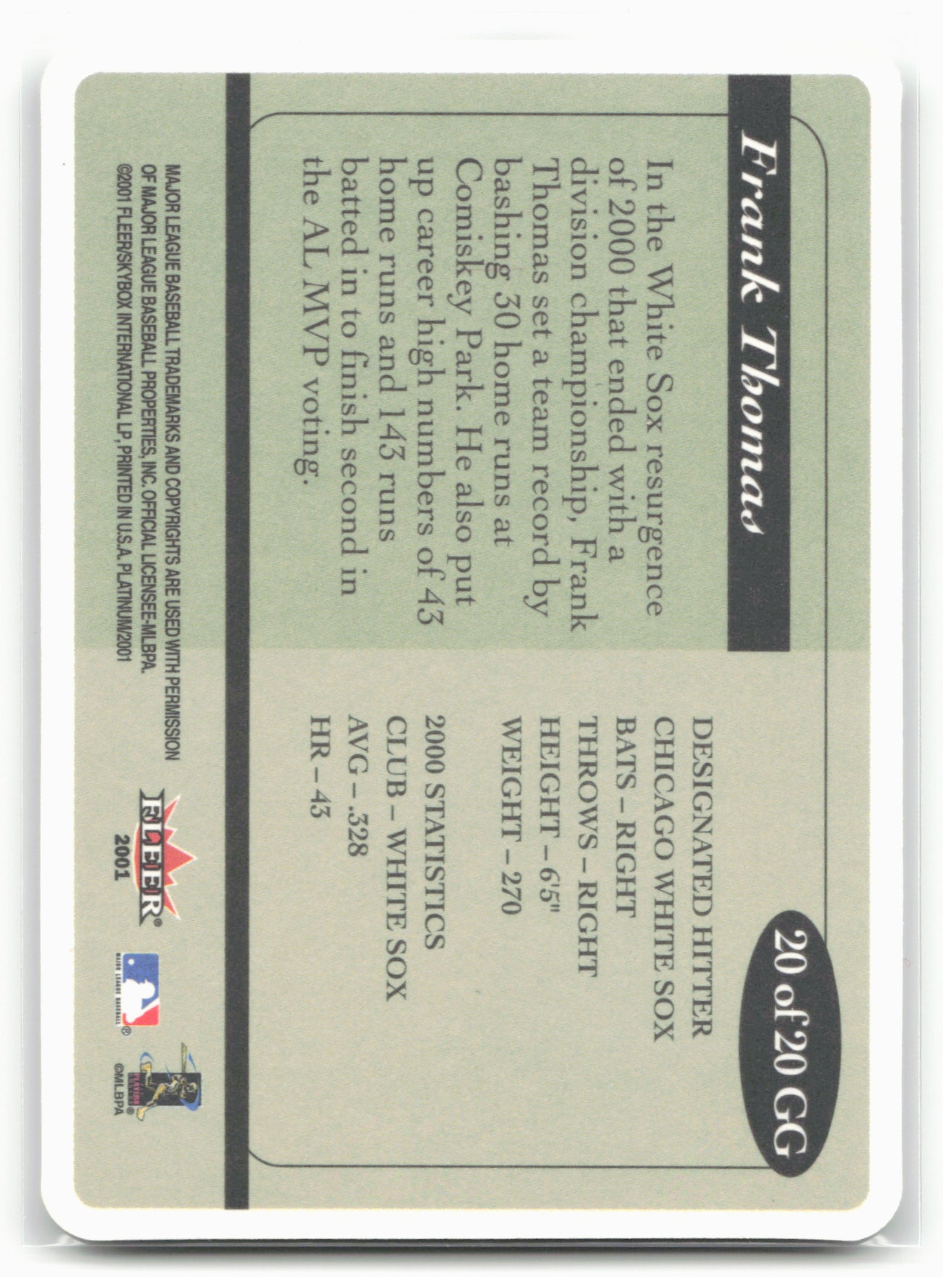 2001 Fleer Platinum #20 GG Frank Thomas Grandstand Greats