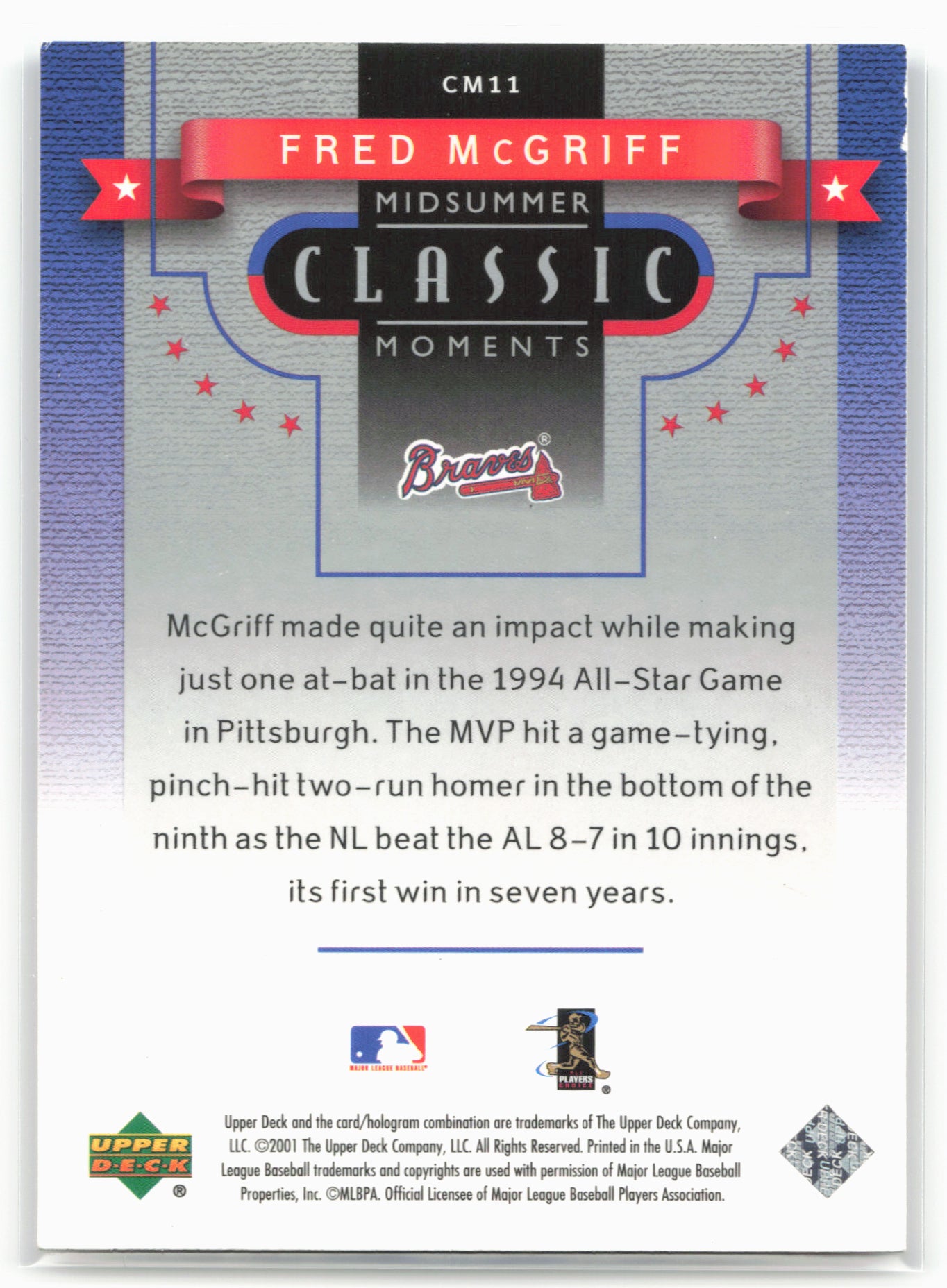 2001 Upper Deck #CM11 Fred McGriff Midsummer Classic Moments