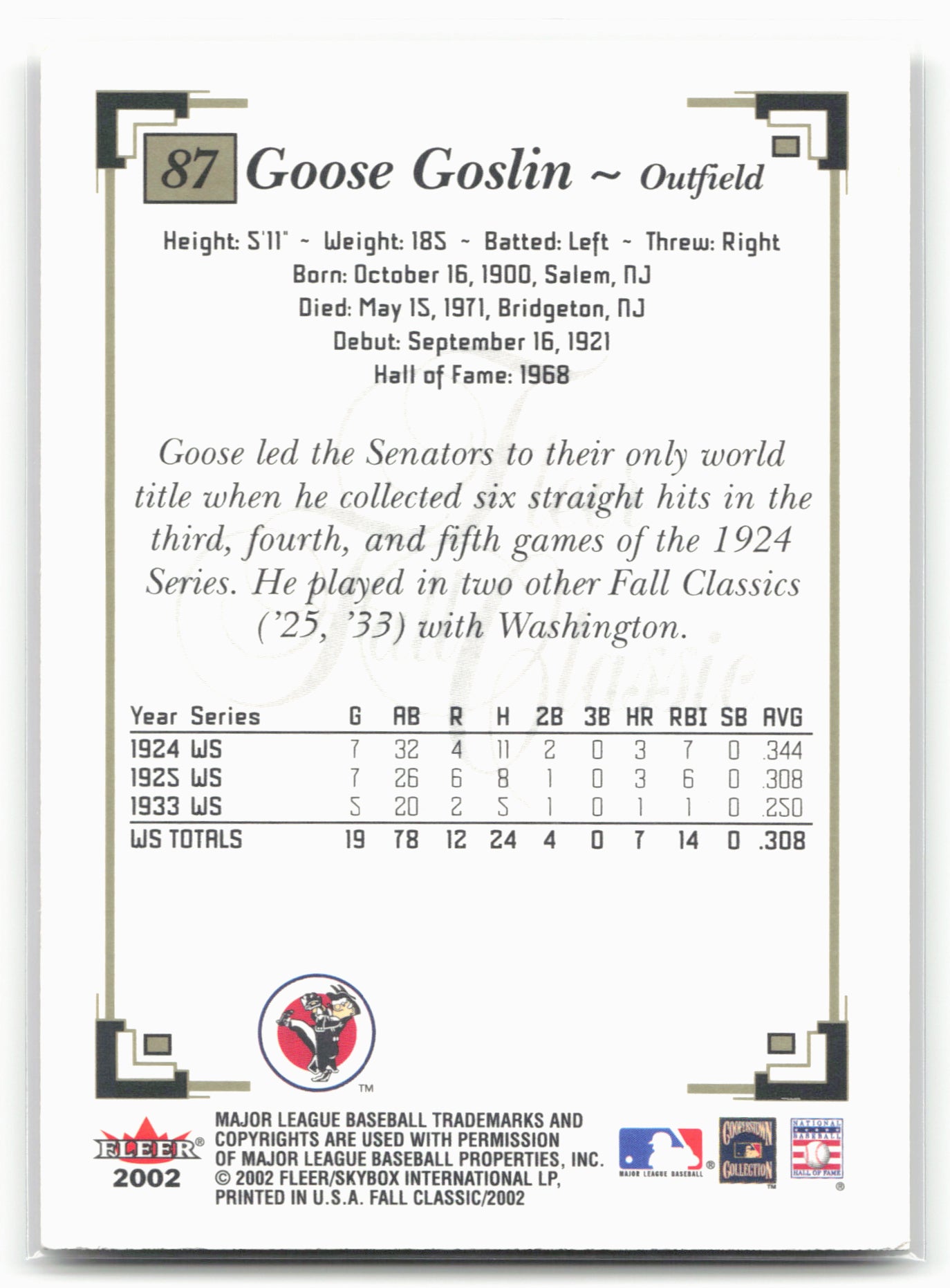2002 Fleer Fall Classic #87 Goose Goslin Senators