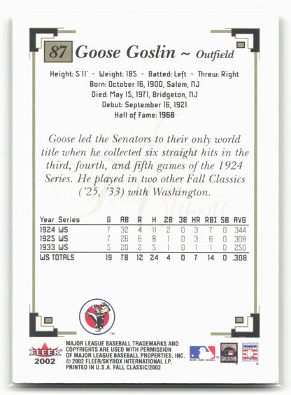 2002 Fleer Fall Classic #87 Goose Goslin Senators