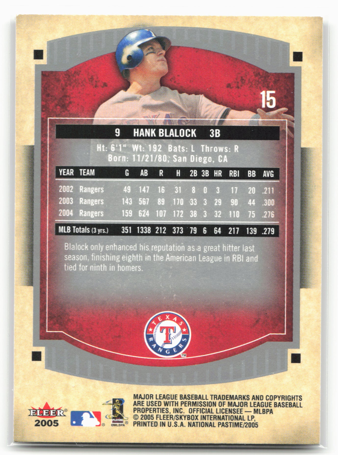 2005 Fleer National Pastime #15 Hank Blalock
