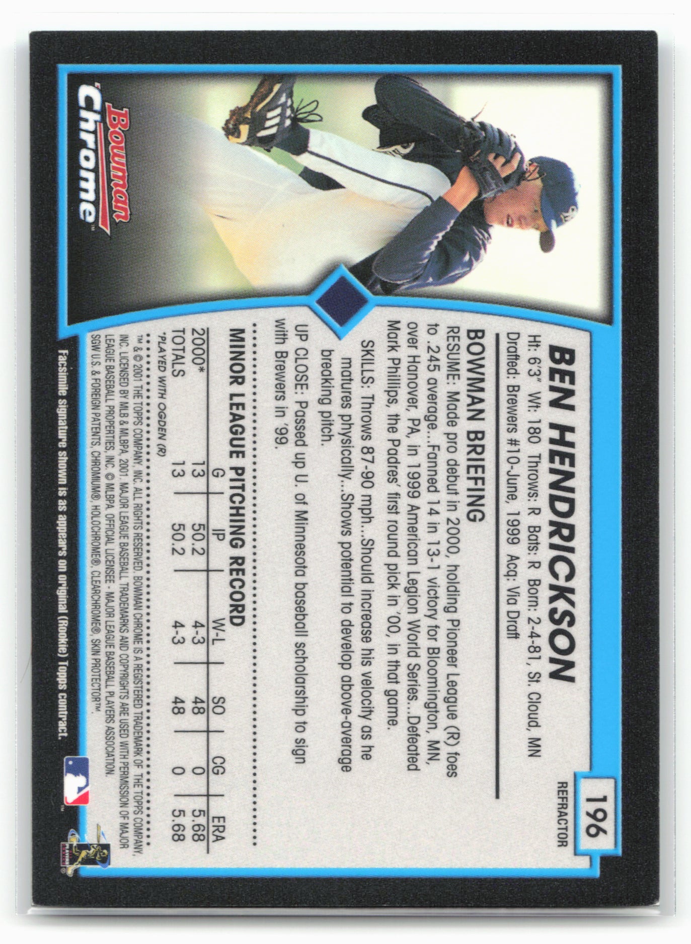 2001 Bowman Chrome #196 Ben Hendrickson