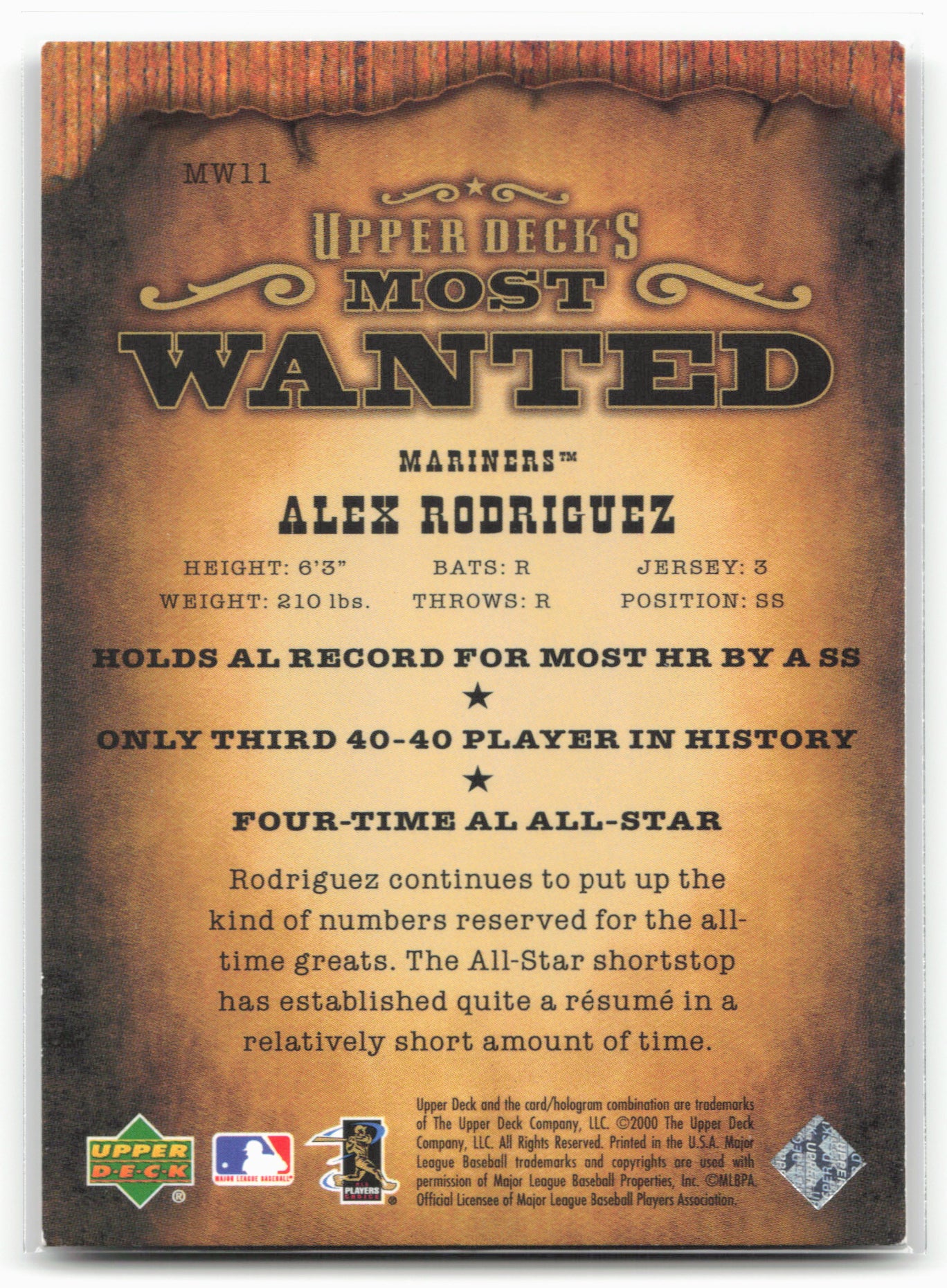2001 Upper Deck #MW11 Alex Rodriguez Upper Deck's Most Wanted