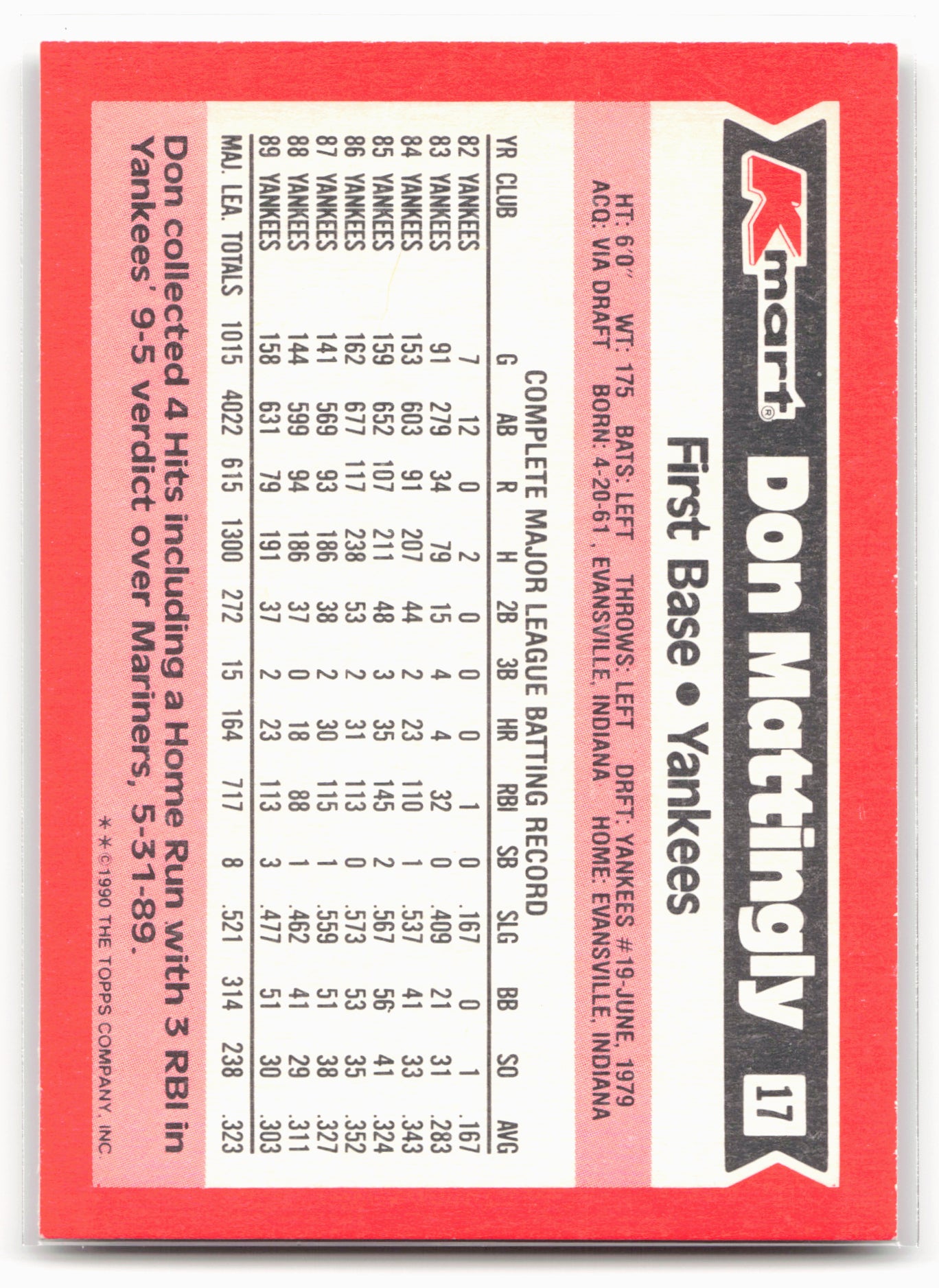 1990 Topps Kmart Super Stars #17 Don Mattingly