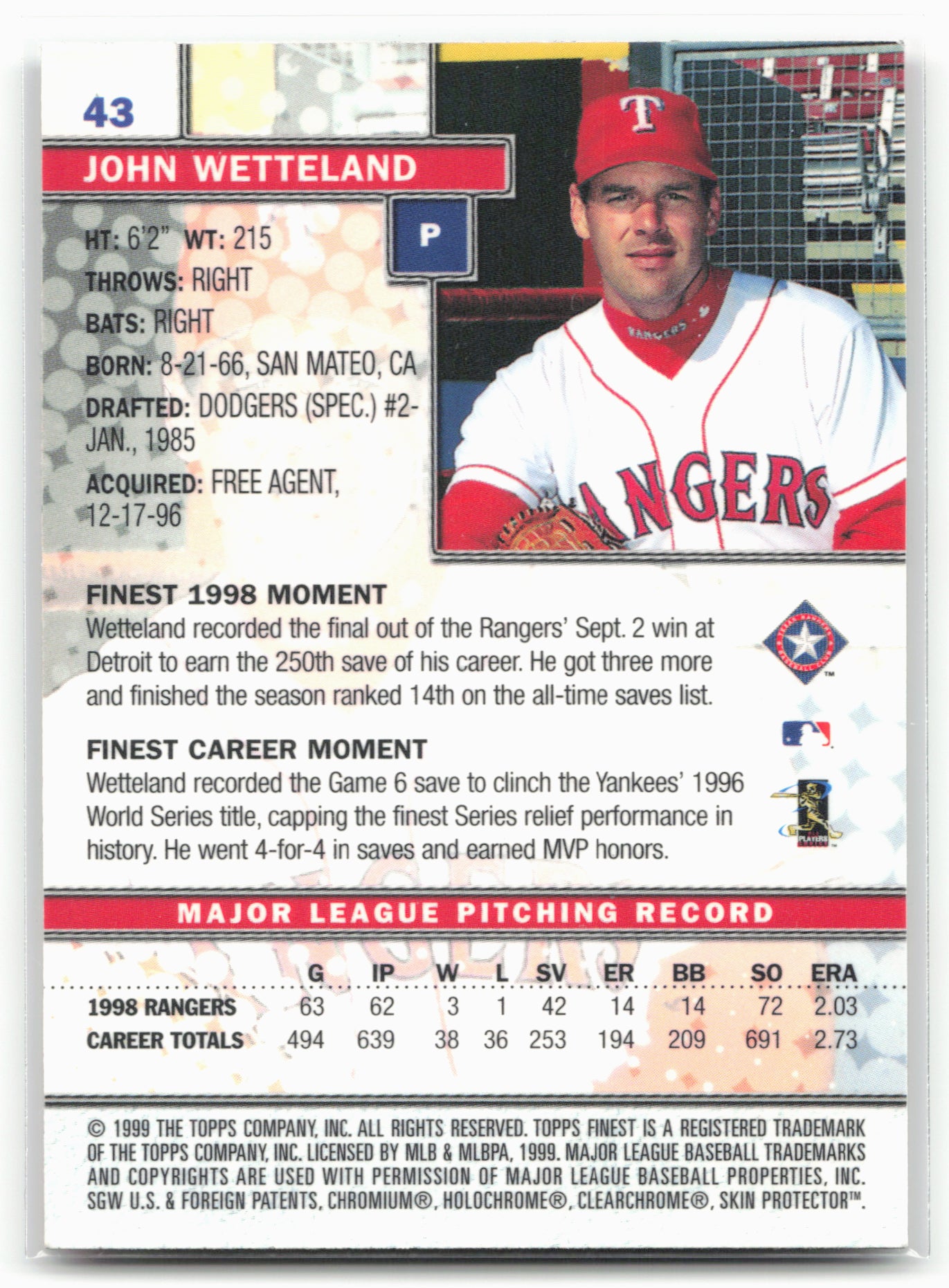 1999 Finest #43 John Wetteland