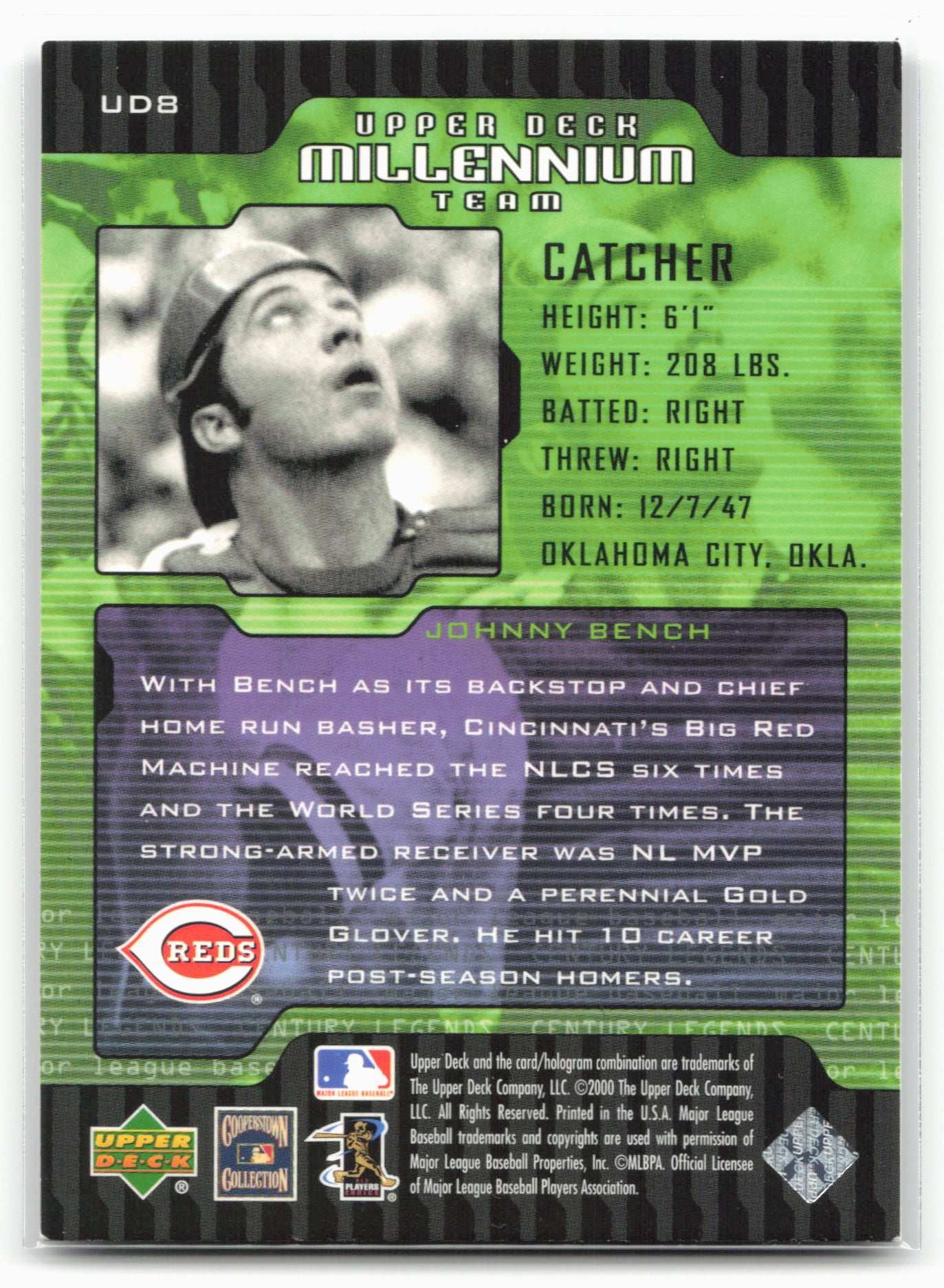2000 Upper Deck Legends #UD8 Johnny Bench Millennium Team
