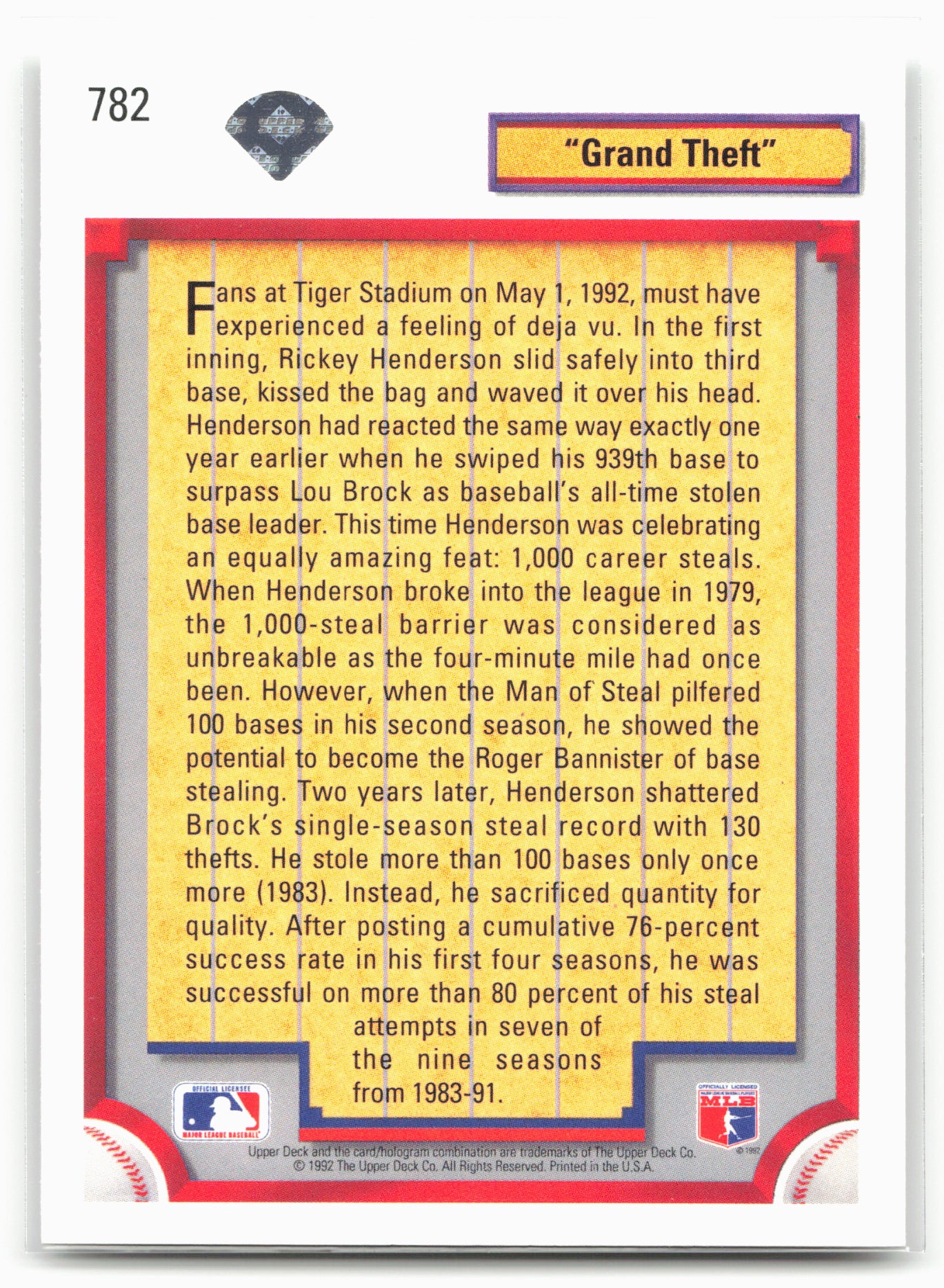 1992 Upper Deck #782 Rickey Henderson