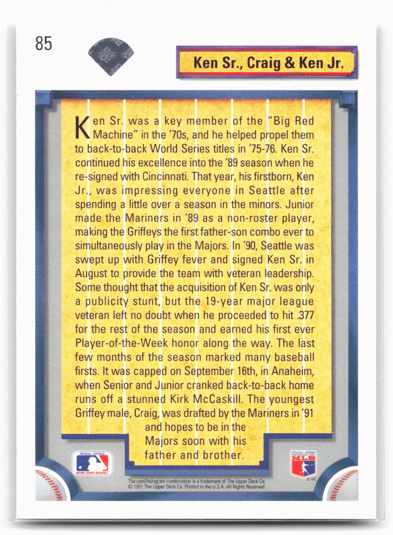 1992 Upper Deck #85 Ken Sr., Craig &amp; Ken Jr.