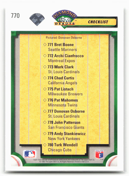 1992 Upper Deck #770 Diamond Debuts Checklist (Donovan Osborne) 21925