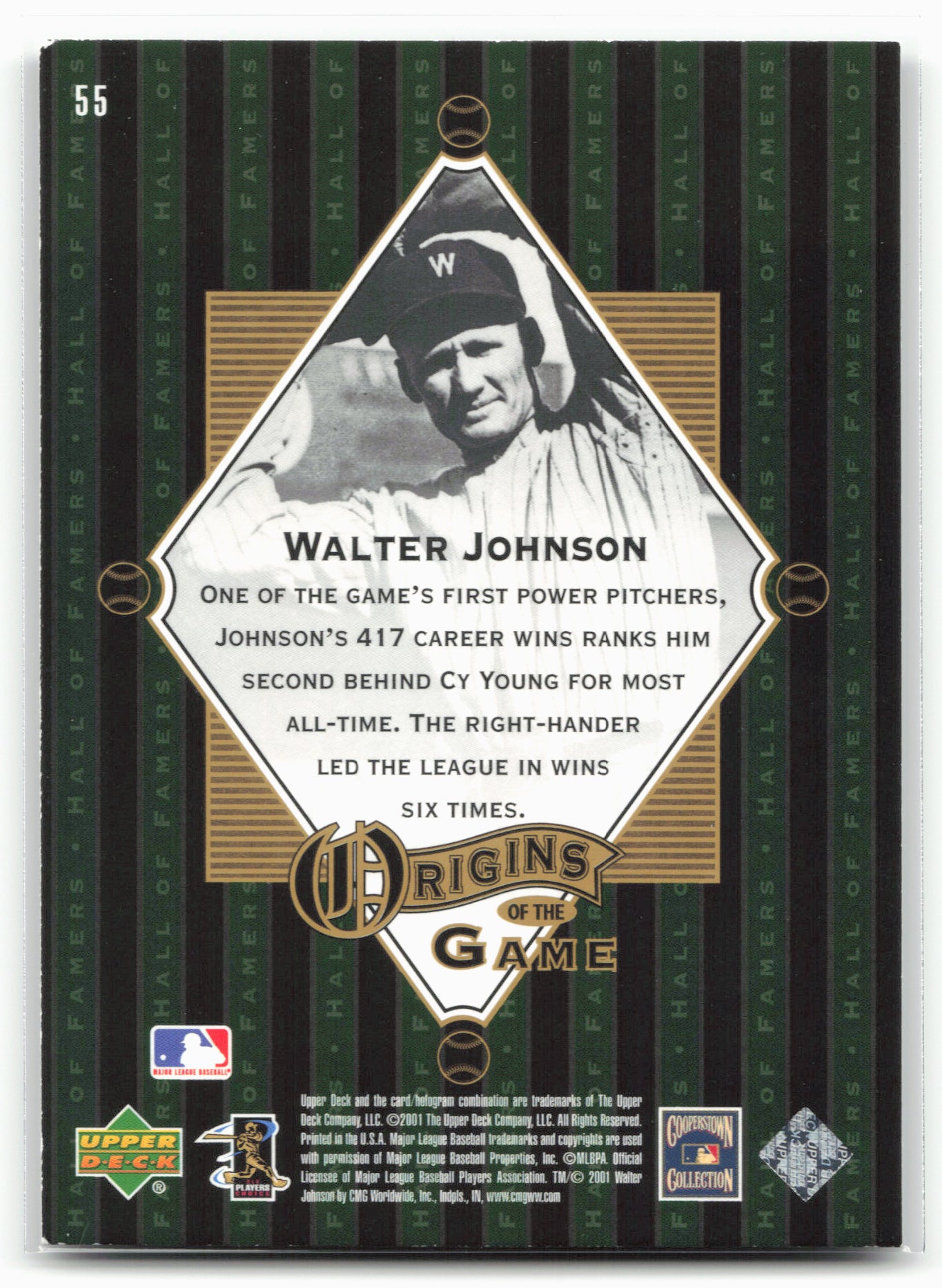 2001 Upper Deck Hall of Famers #55 Walter Johnson