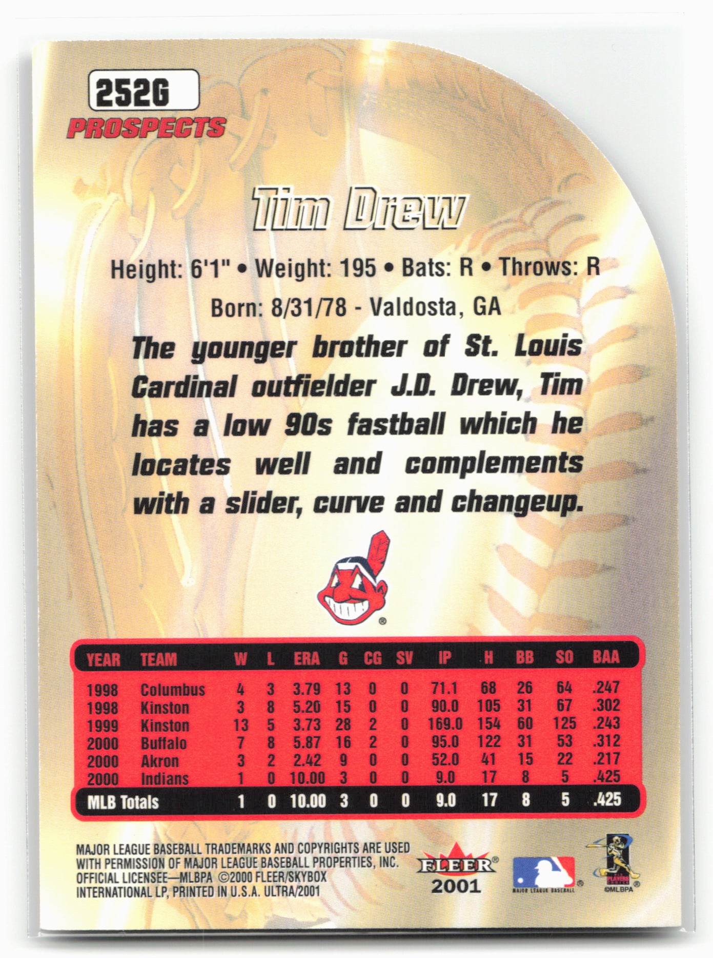 2001 Ultra #252G Tim Drew Gold Medallion