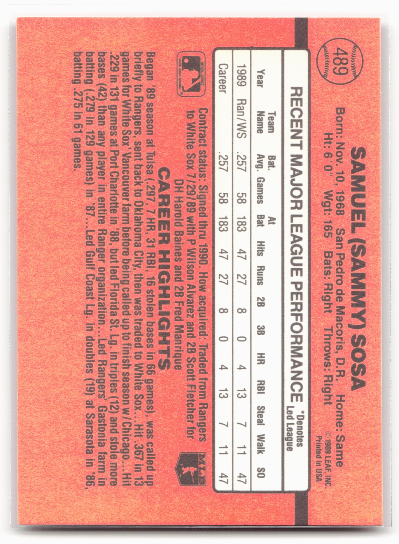 1990 Donruss #489b Sammy Sosa