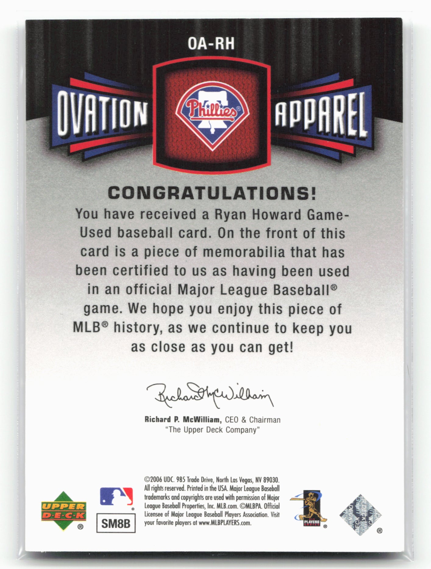 2006 Upper Deck Ovation #OA-RH Ryan Howard Apparel