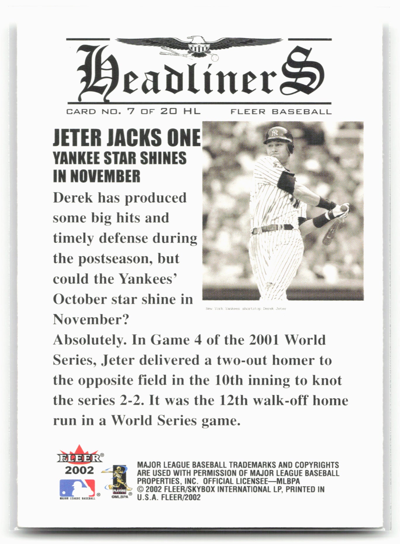 2002 Fleer #7 HL Derek Jeter Headliners