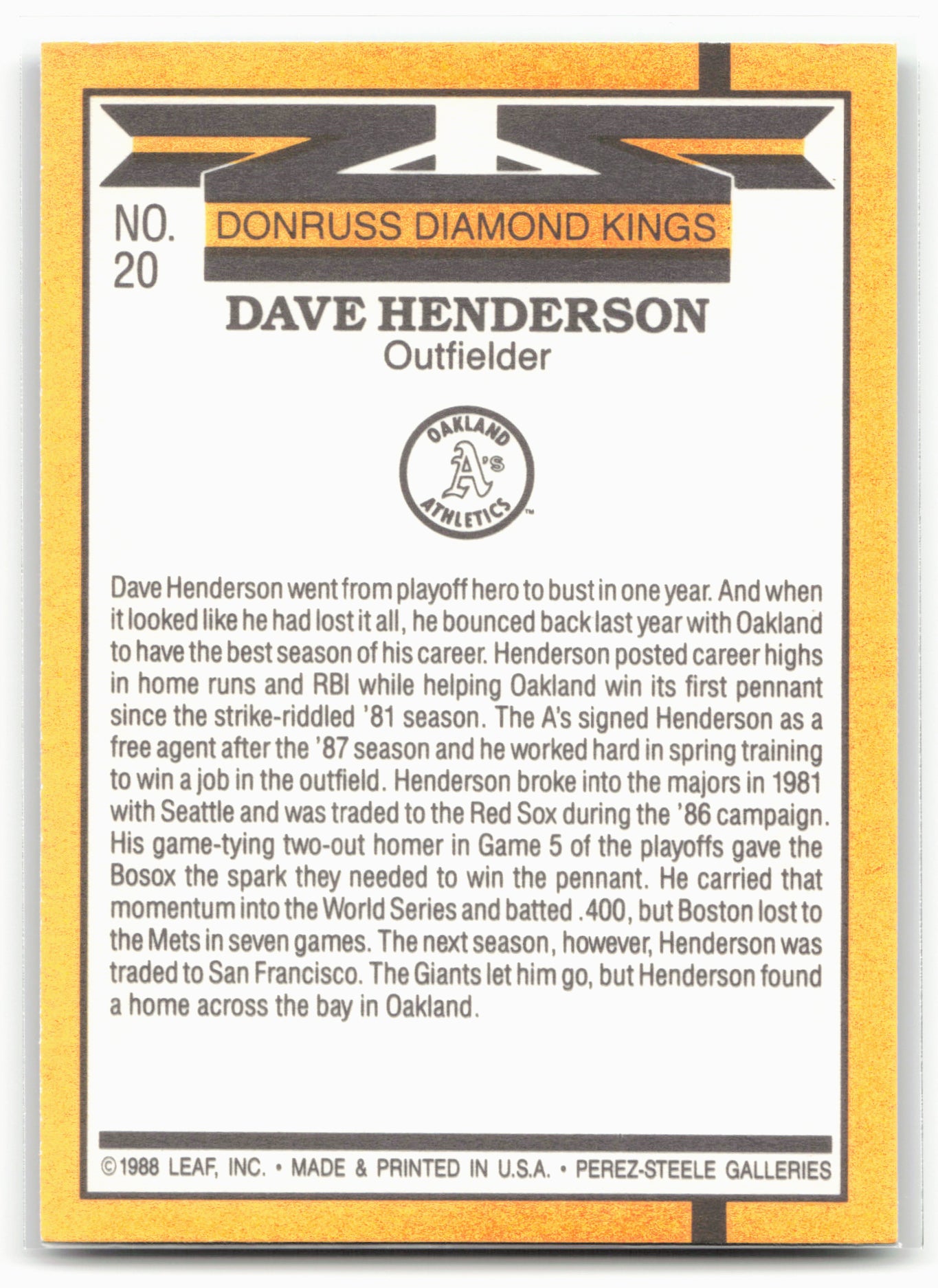 1989 Donruss #20 Dave Henderson