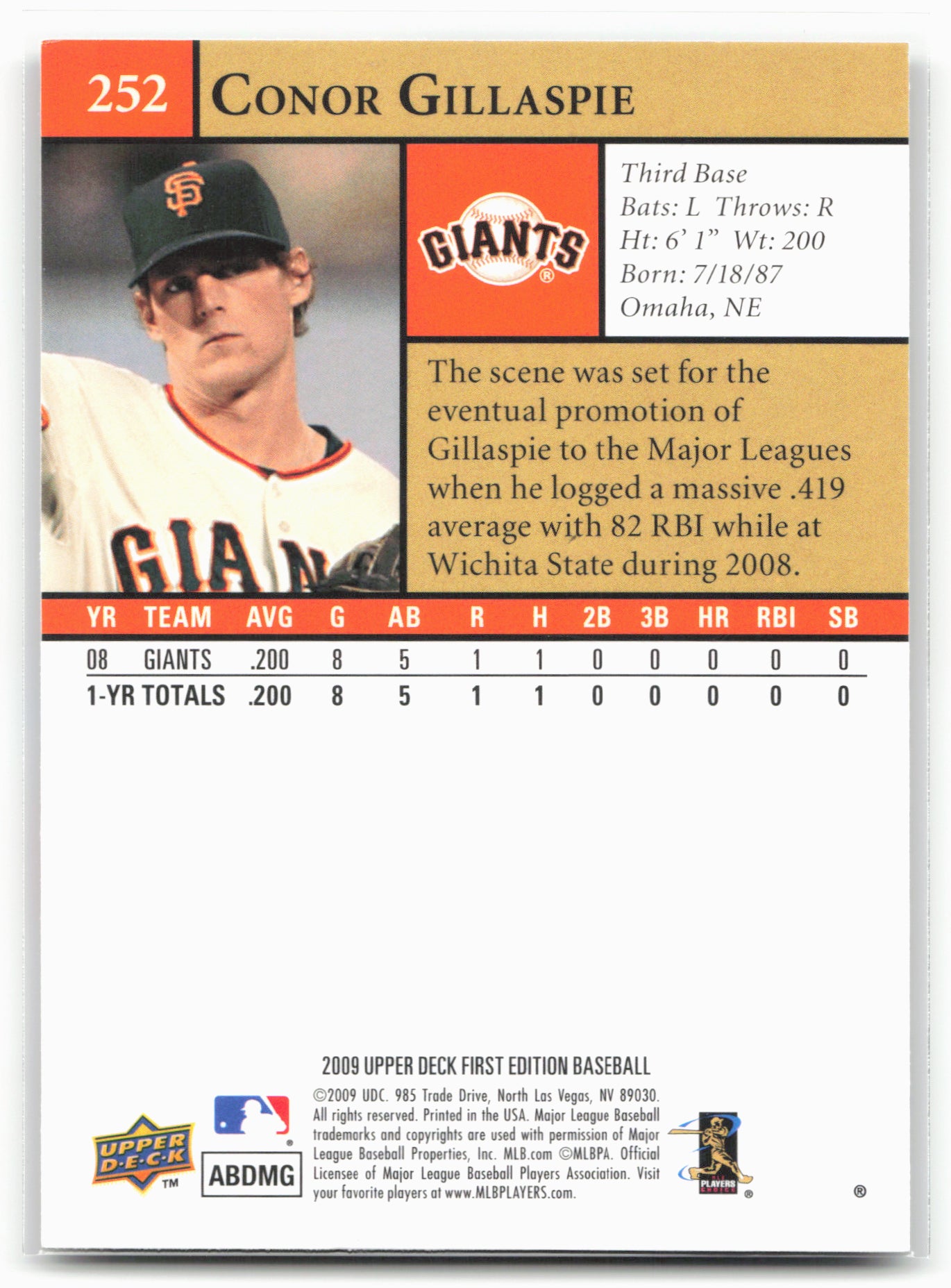 2009 Upper Deck First Edition #252 Conor Gillaspie
