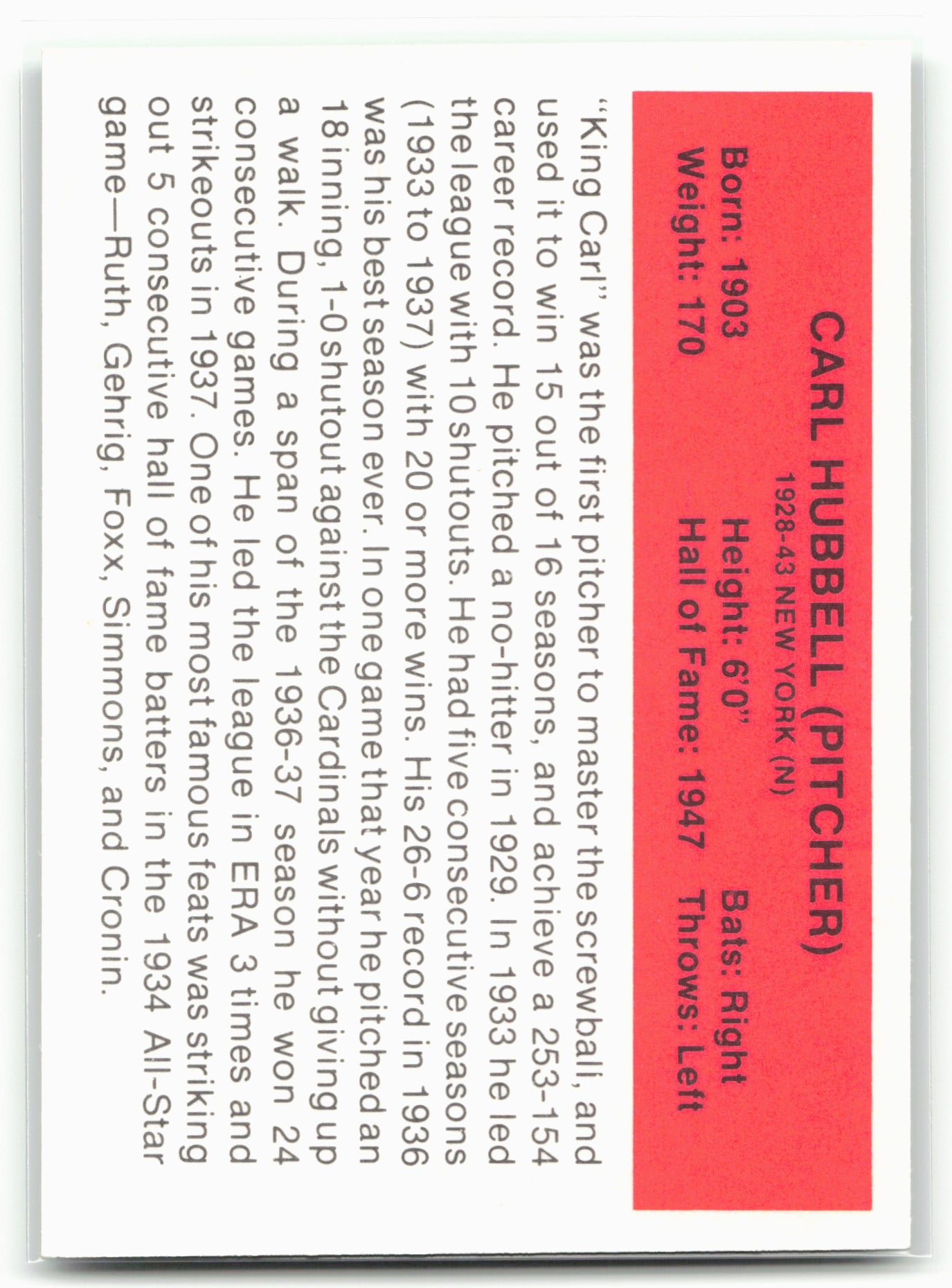 1987 Hygrade All-Time Greats #NNO Carl Hubbell Hat logo not visible