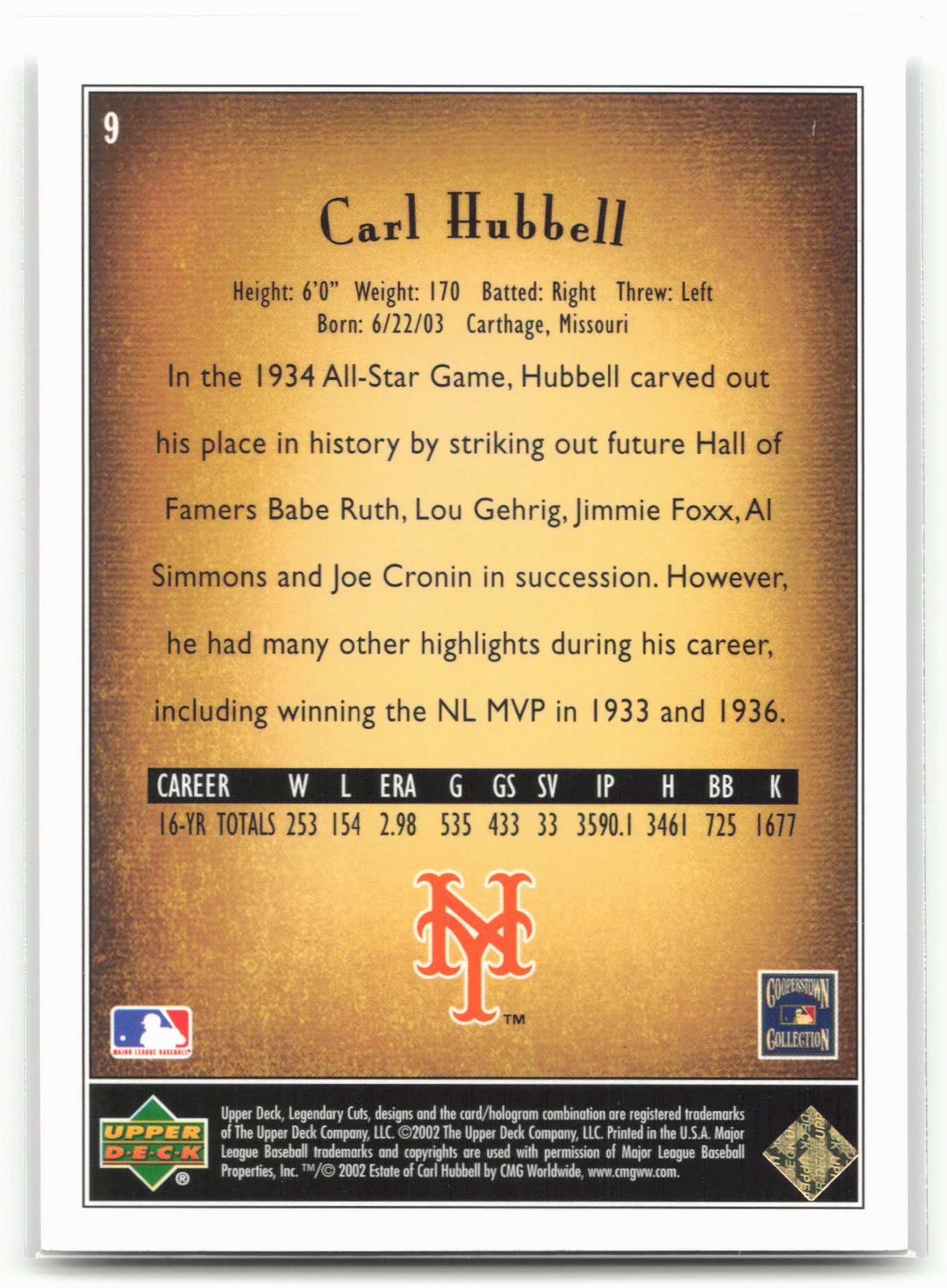 2002 SP Legendary Cuts #9 Carl Hubbell