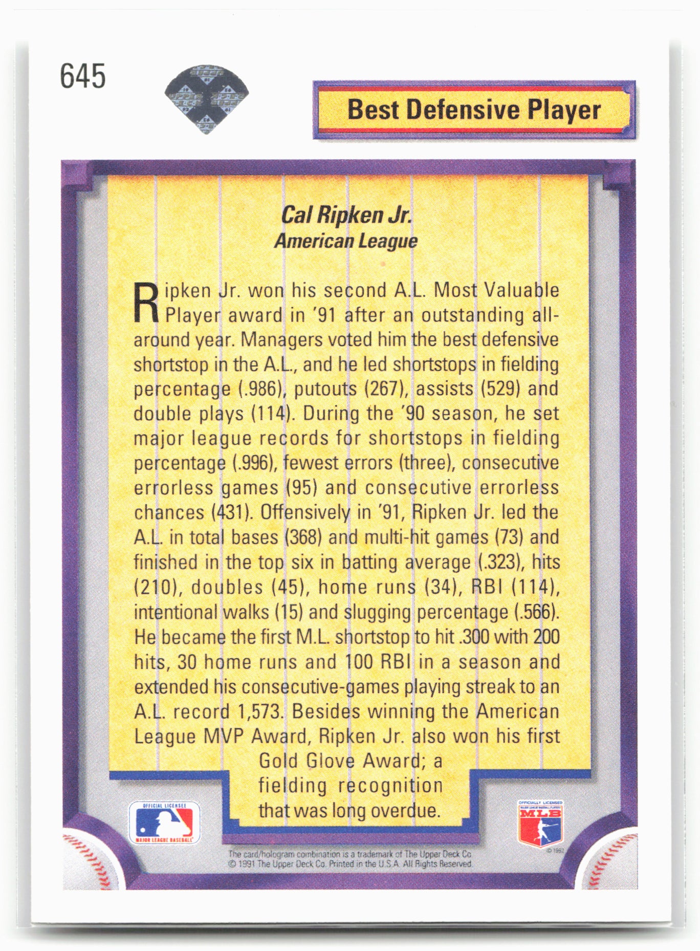 1992 Upper Deck #645 Cal Ripken Jr.