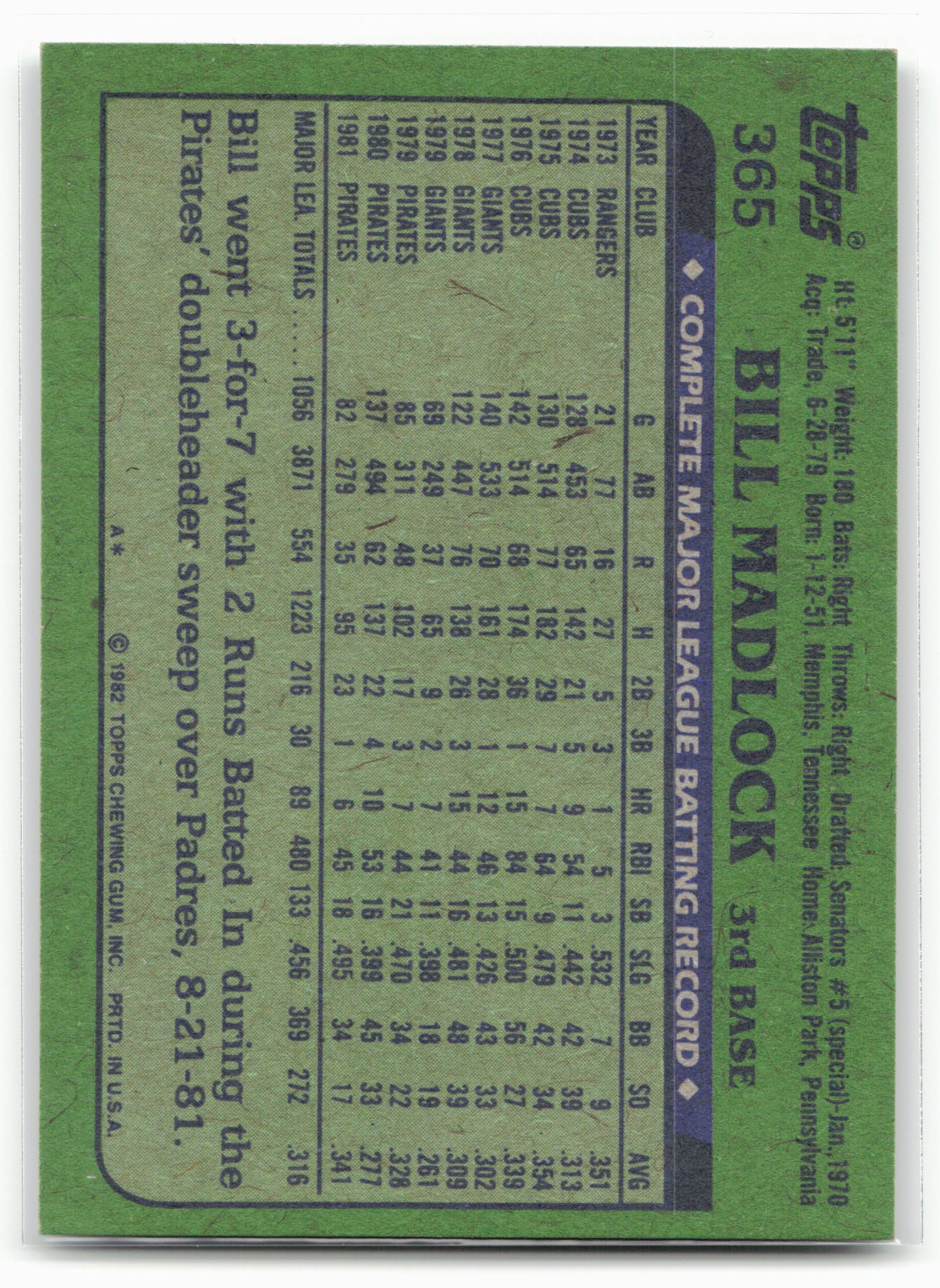 1982 Topps #365 Bill Madlock