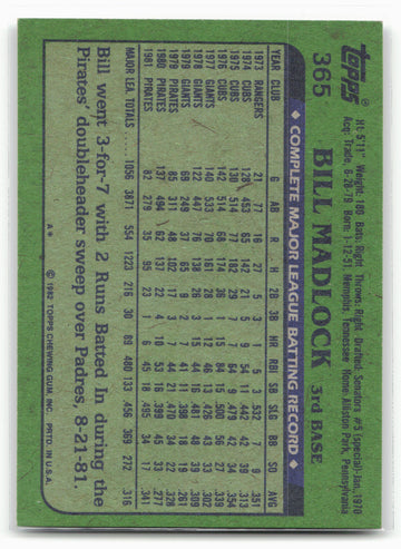 1982 Topps #365 Bill Madlock