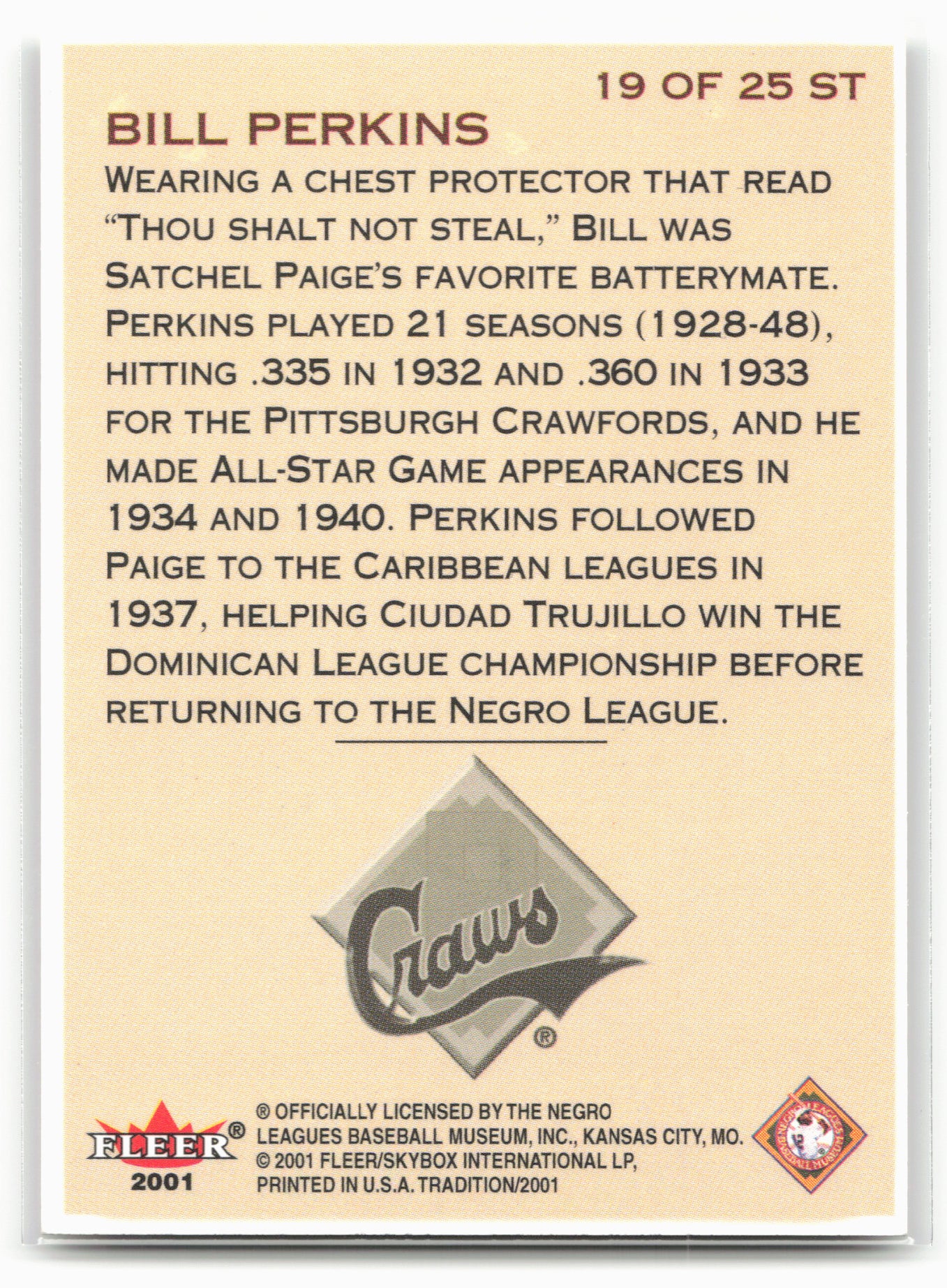 2001 Fleer Tradition #19 ST Bill Perkins Stitches in Time
