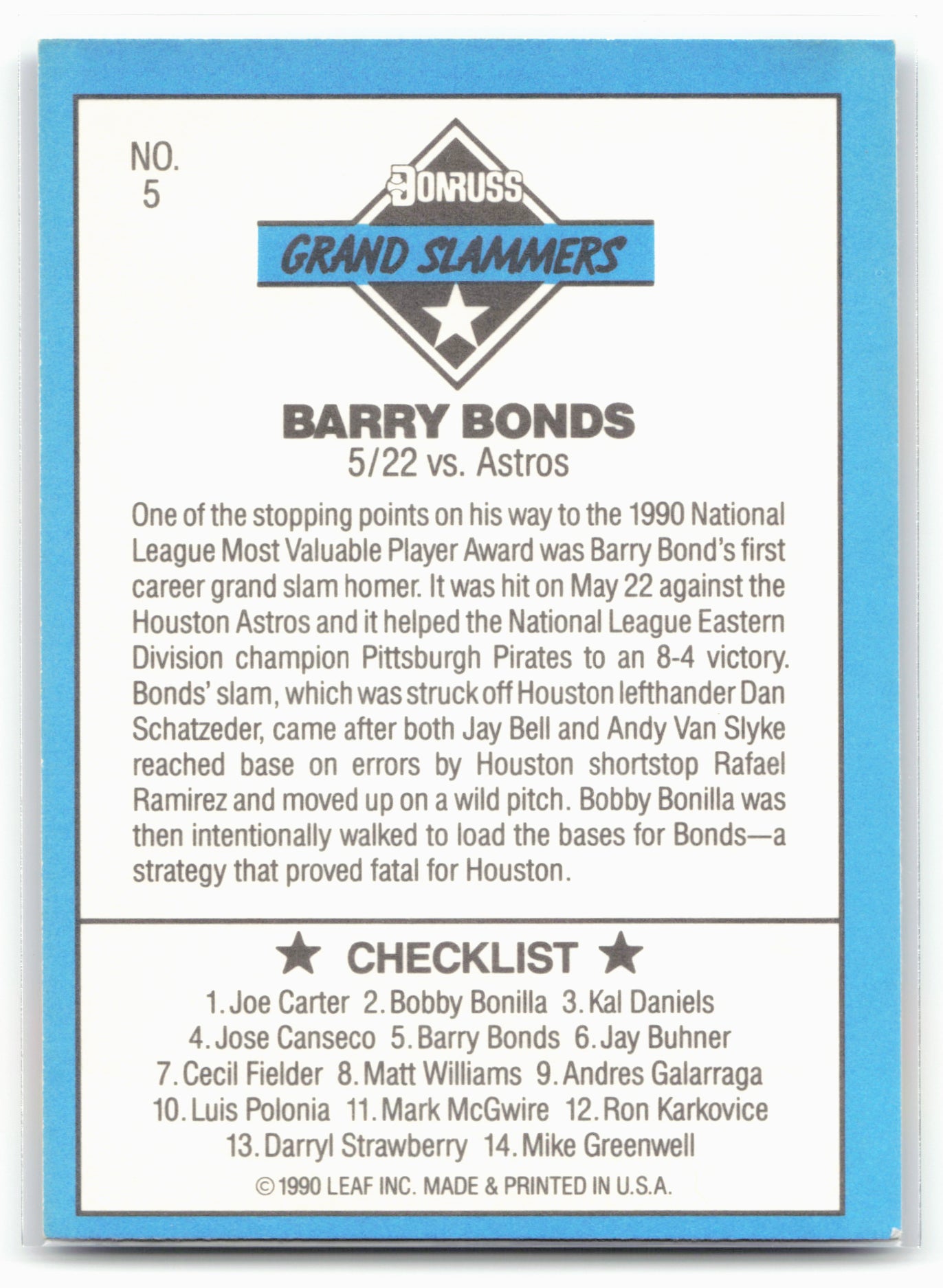 1991 Donruss #5b Barry Bonds Grand Slammers Different Border