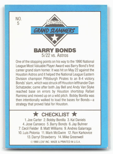 1991 Donruss #5b Barry Bonds Grand Slammers Different Border