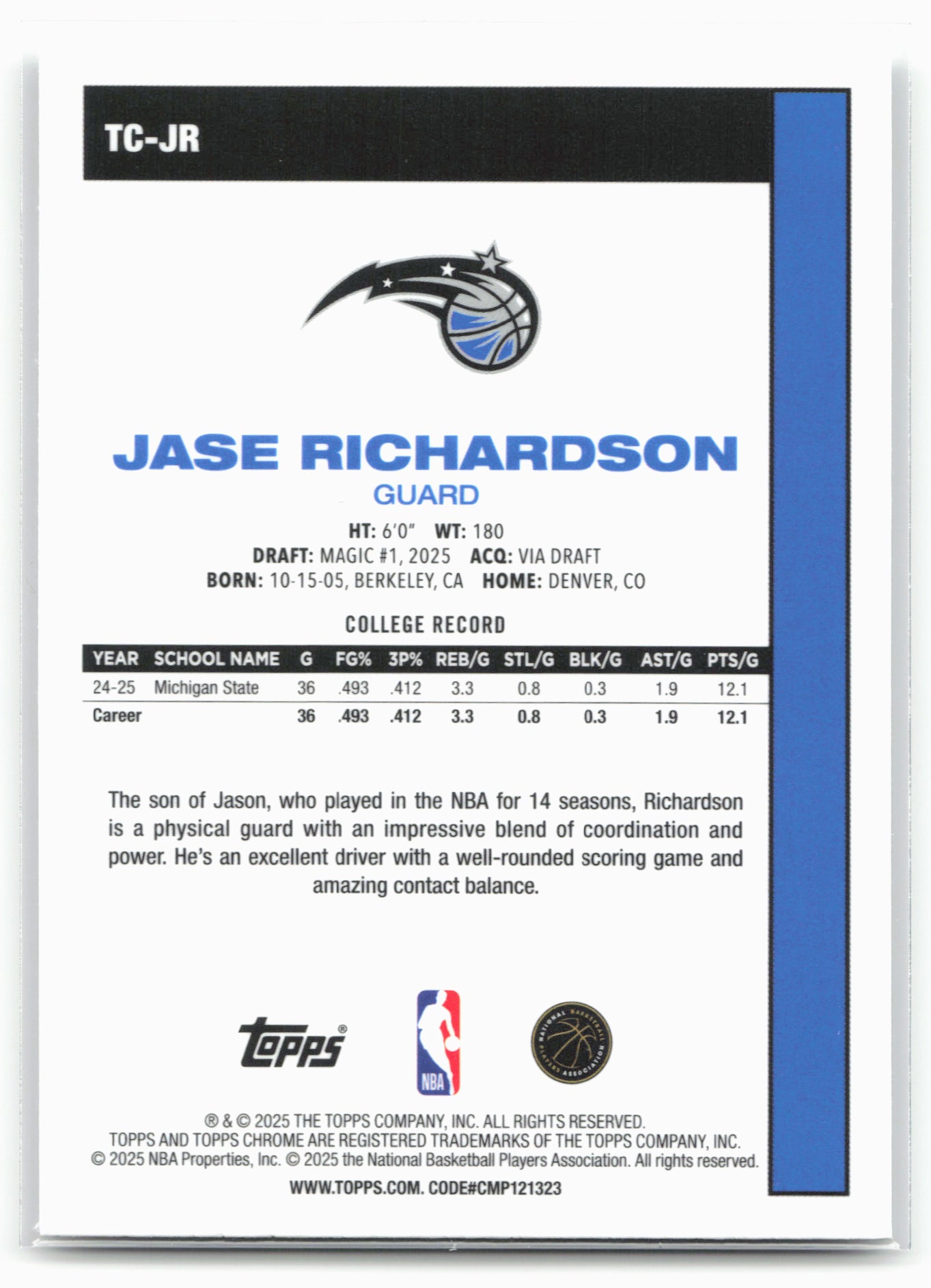 2025-26 Topps #TC-JR Jase Richardson 1980-81 Topps Chrome Basketball