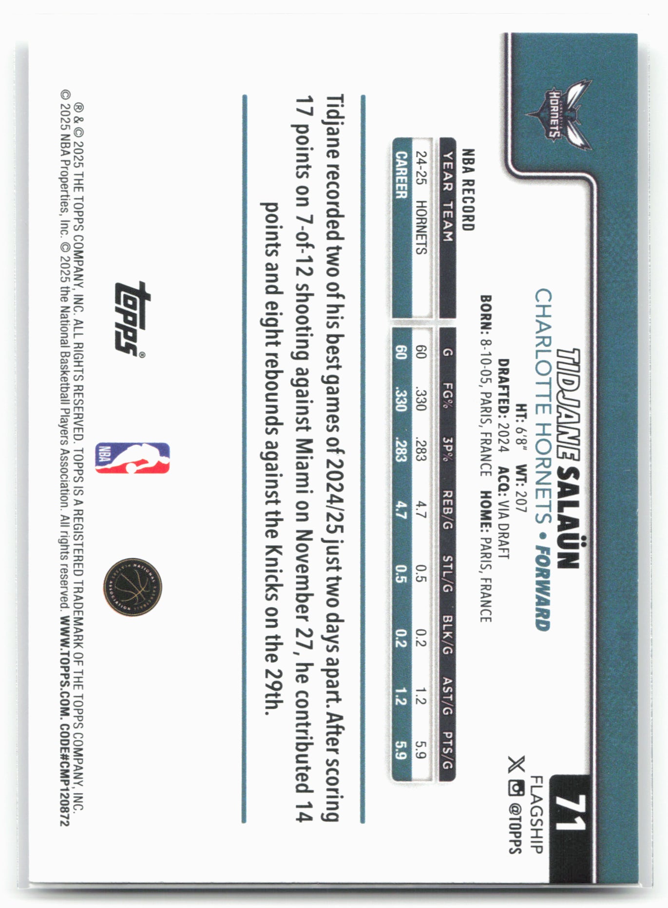 2025-26 Topps #71 Tidjane Salaün