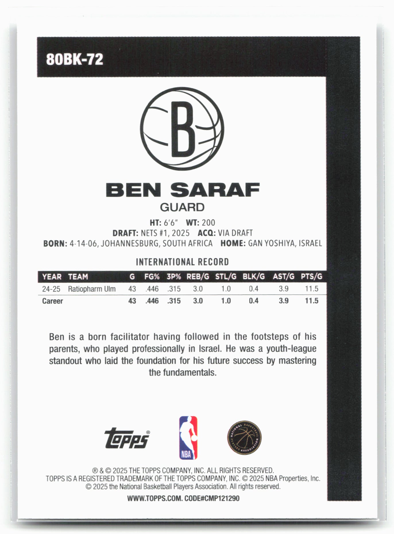 2025-26 Topps #80BK-72 Ben Saraf 1980-81 Topps Basketball