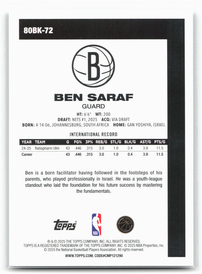 2025-26 Topps #80BK-72 Ben Saraf 1980-81 Topps Basketball