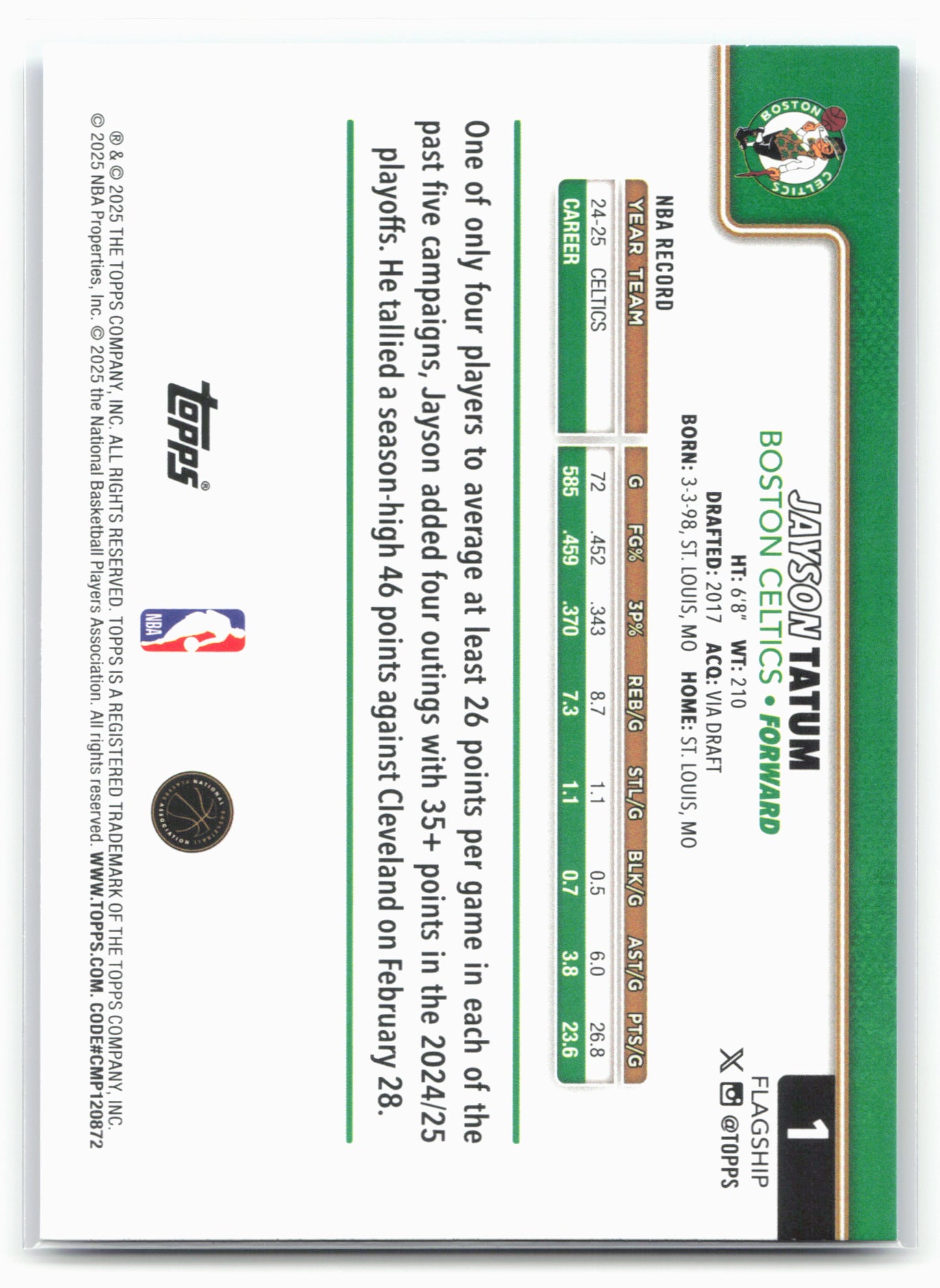 2025-26 Topps #1 Jayson Tatum Sandglitter Blue SSP