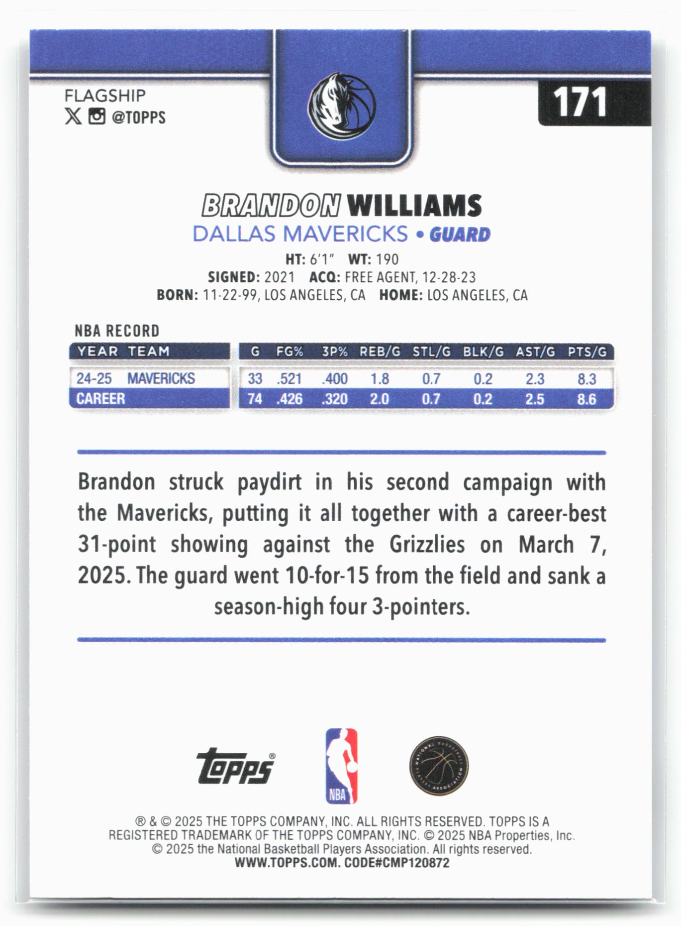 2025-26 Topps #171 Brandon Williams