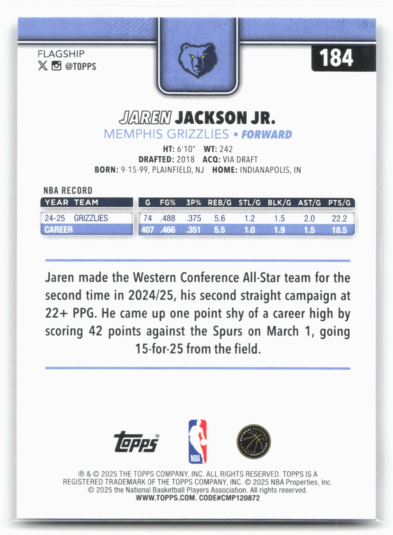 2025-26 Topps #184 Jaren Jackson Jr.