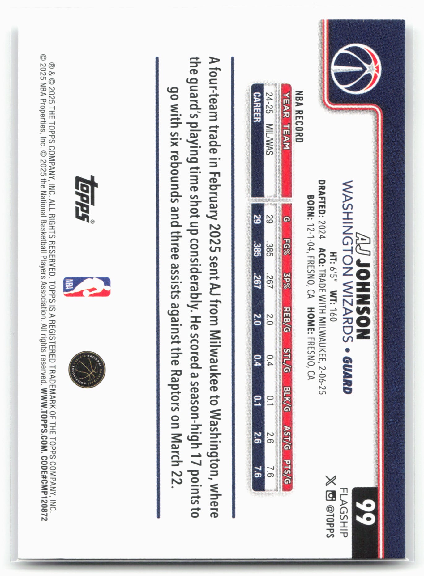 2025-26 Topps #99 AJ Johnson
