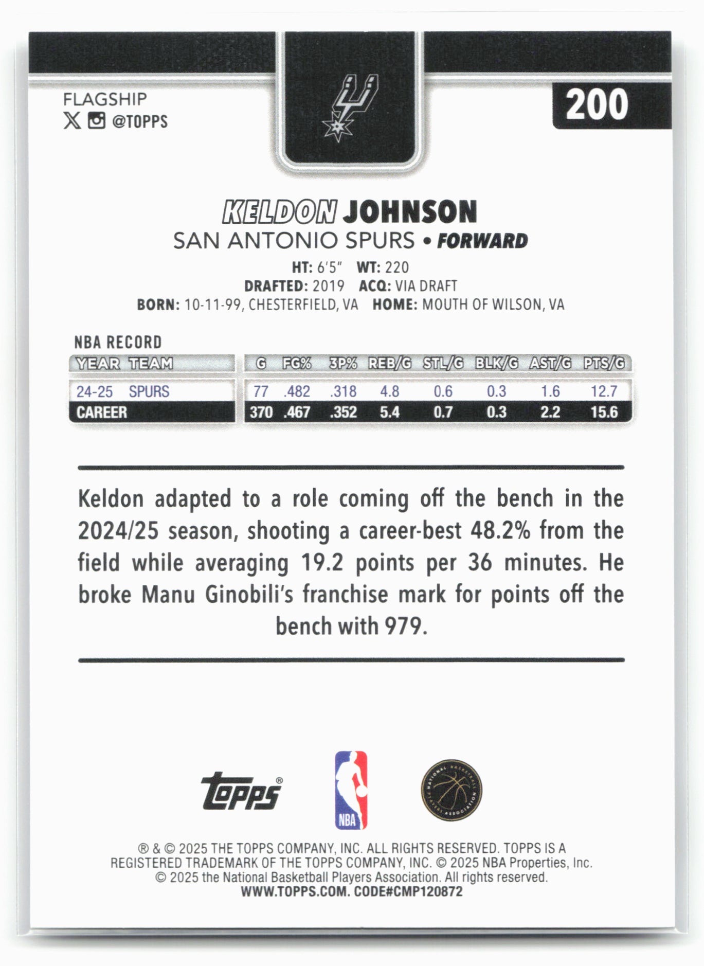 2025-26 Topps #200 Keldon Johnson