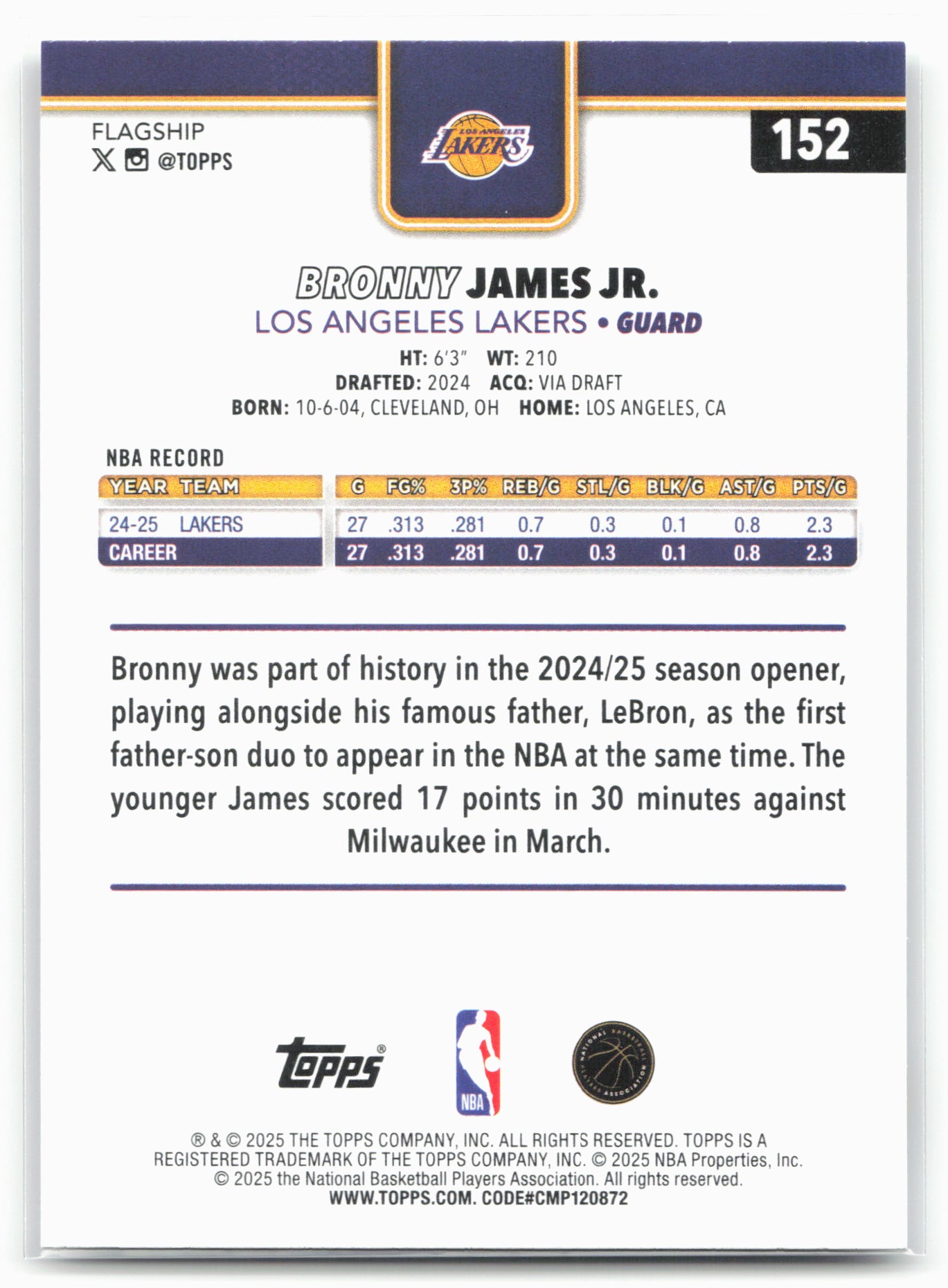 2025-26 Topps #152 Bronny James Jr.