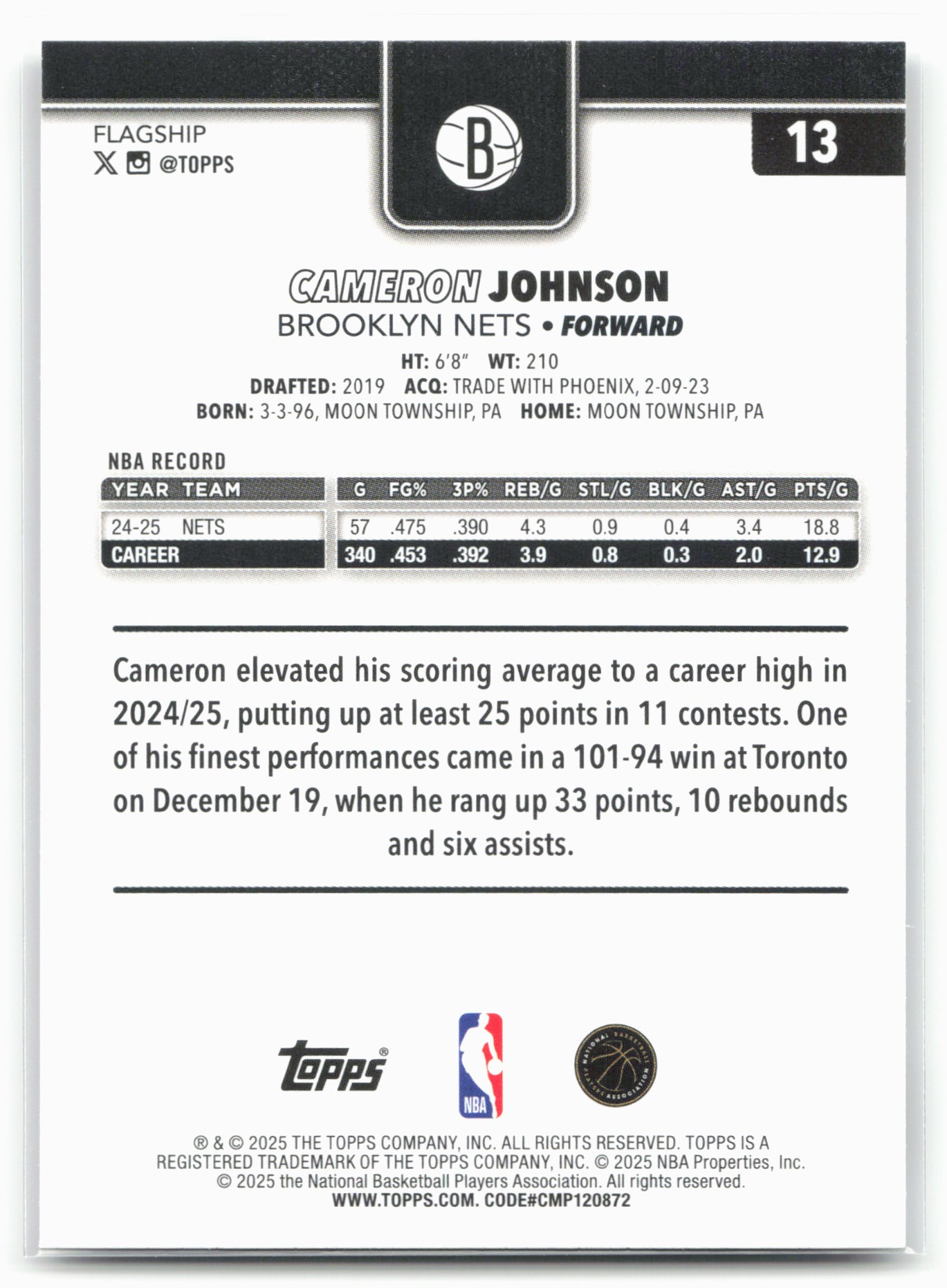 2025-26 Topps #13 Cameron Johnson