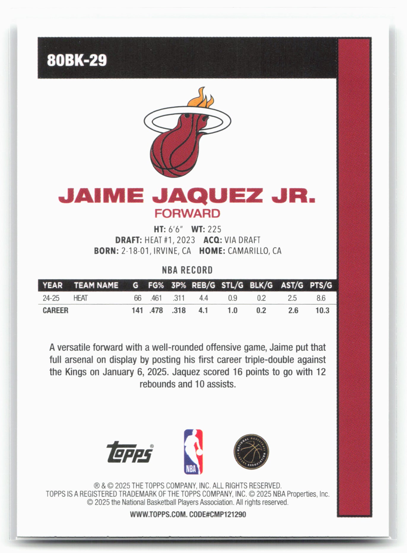 2025-26 Topps #80BK-29 Jaime Jaquez Jr. 1980-81 Topps Basketball