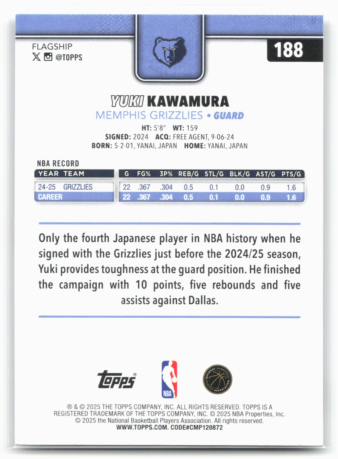 2025-26 Topps #188 Yuki Kawamura