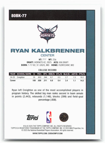 2025-26 Topps #80BK-77 Ryan Kalkbrenner 1980-81 Topps Basketball