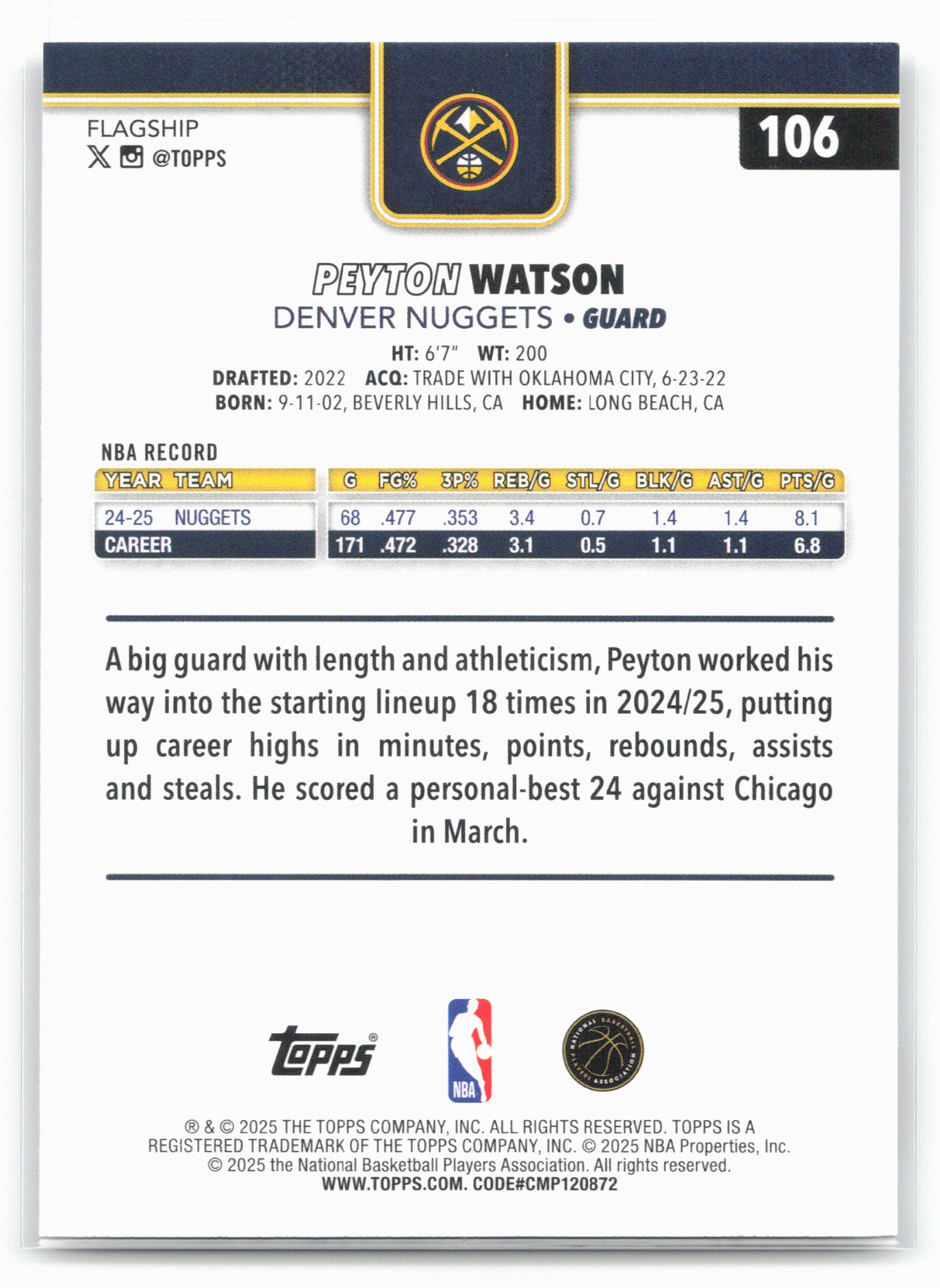 2025-26 Topps #106 Peyton Watson