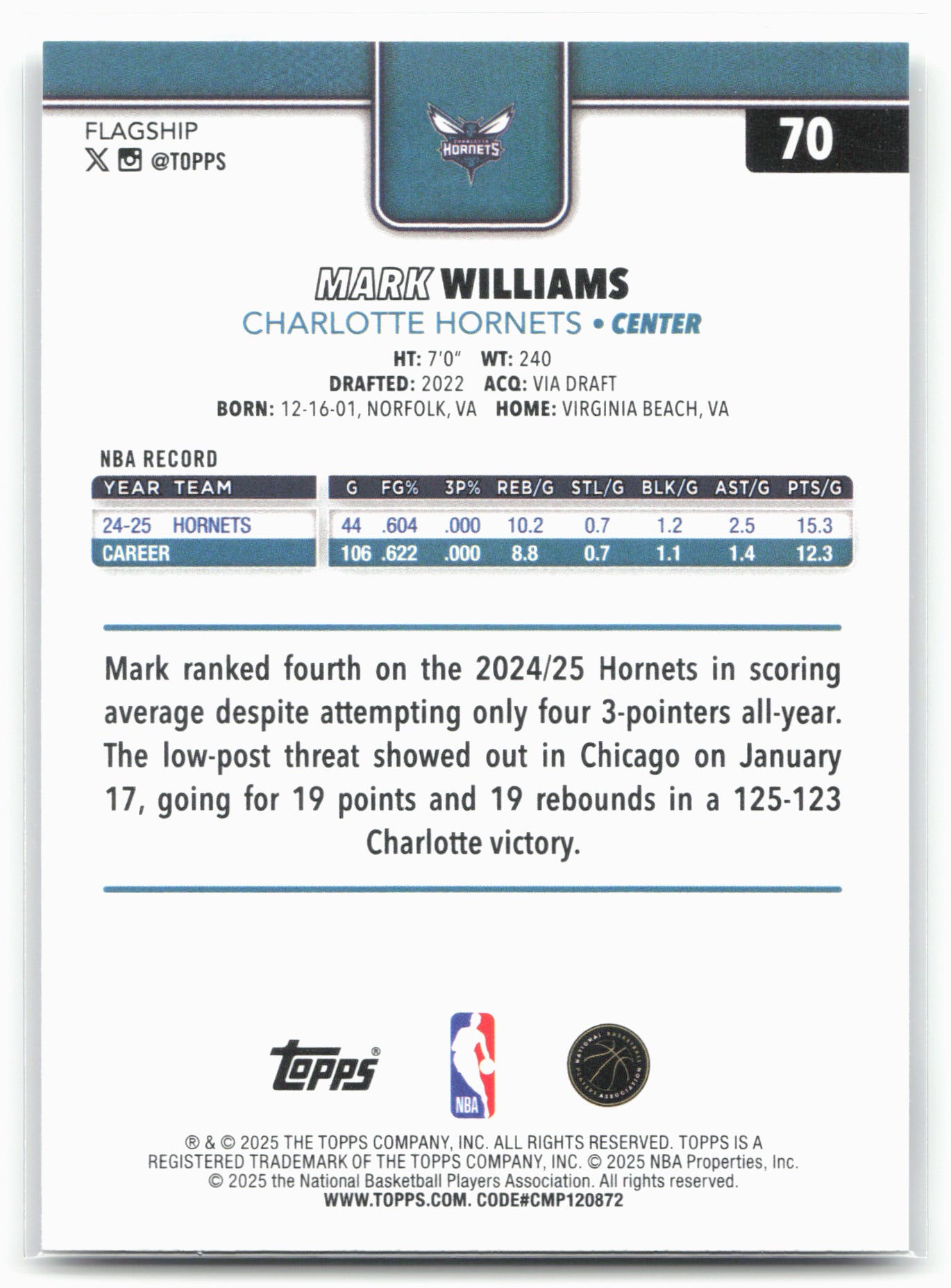 2025-26 Topps #70 Mark Williams
