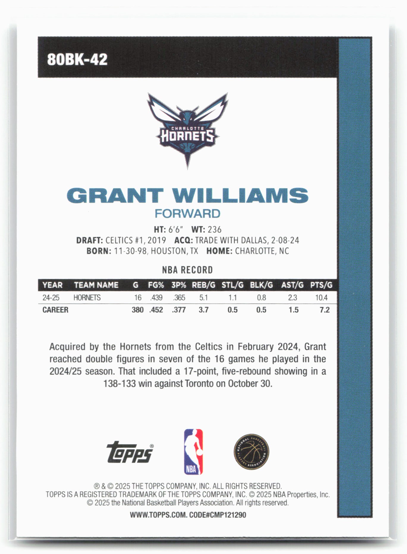 2025-26 Topps #80BK-42 Grant Williams 1980-81 Topps Basketball
