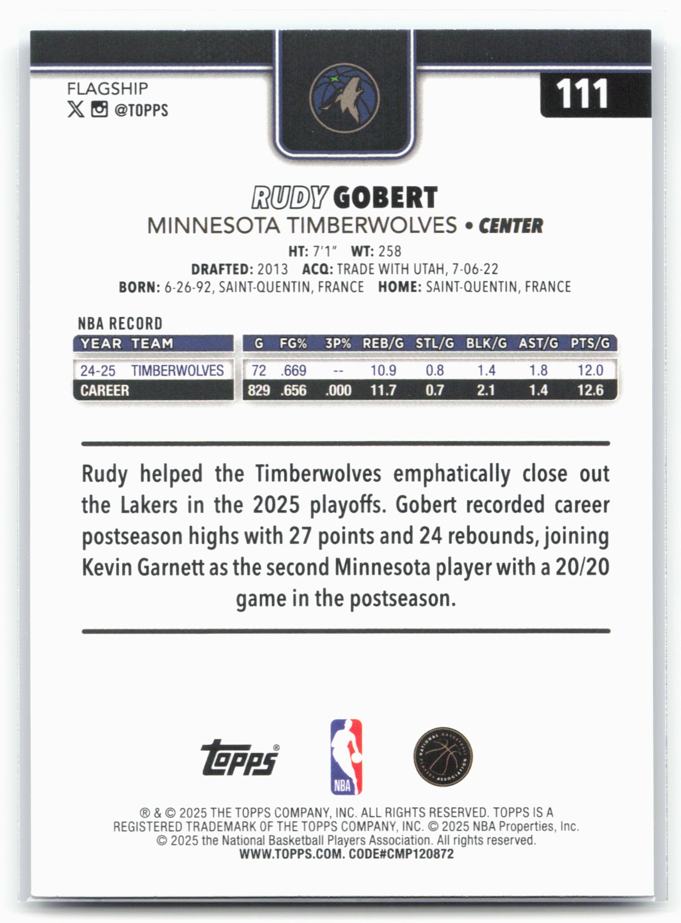 2025-26 Topps #111 Rudy Gobert Blue Sandglitter