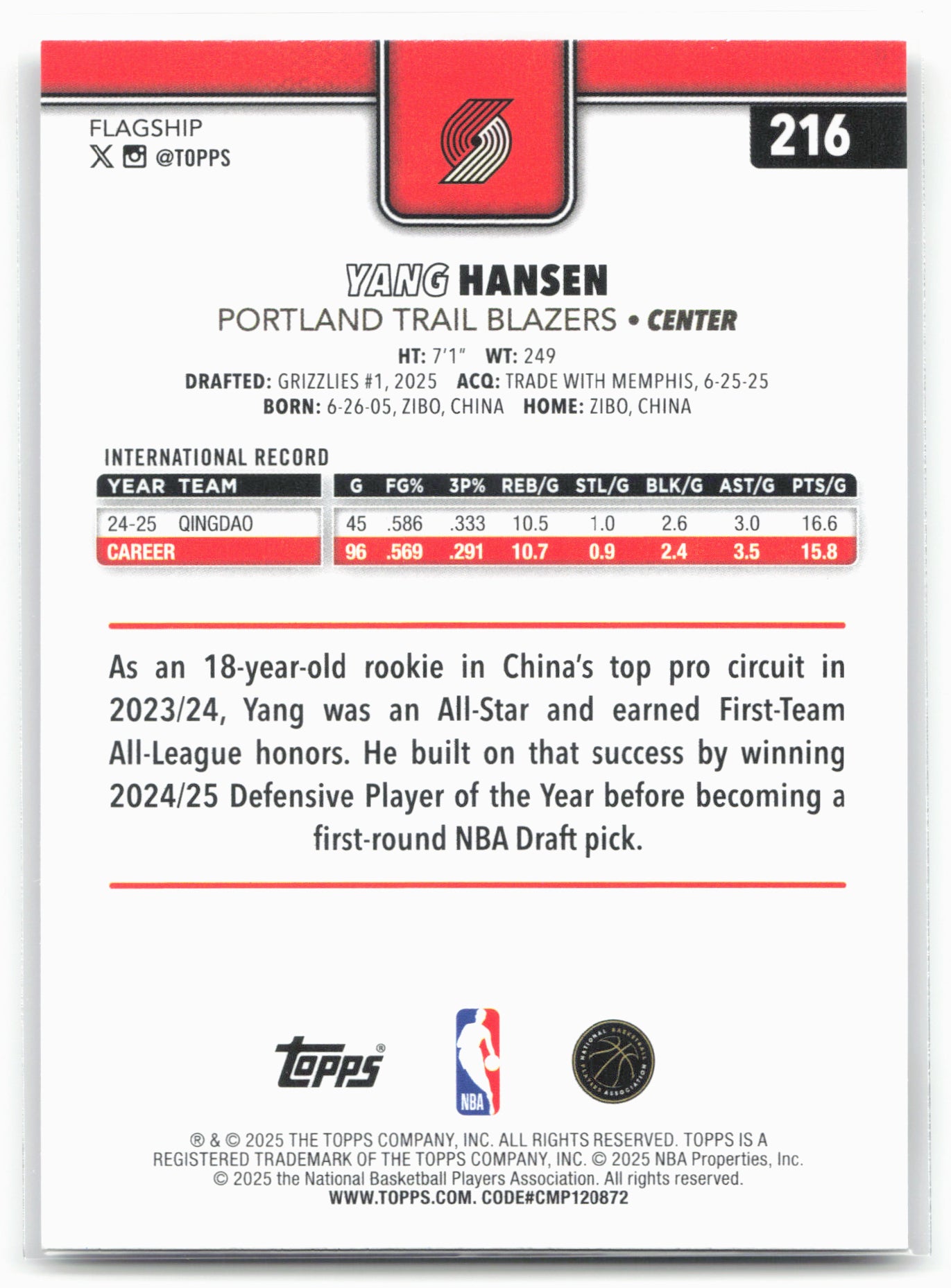 2025-26 Topps #216 Yang Hansen