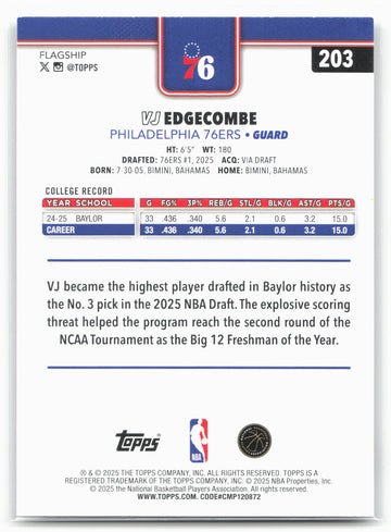 
2025-26 Topps #203 VJ Edgecombe