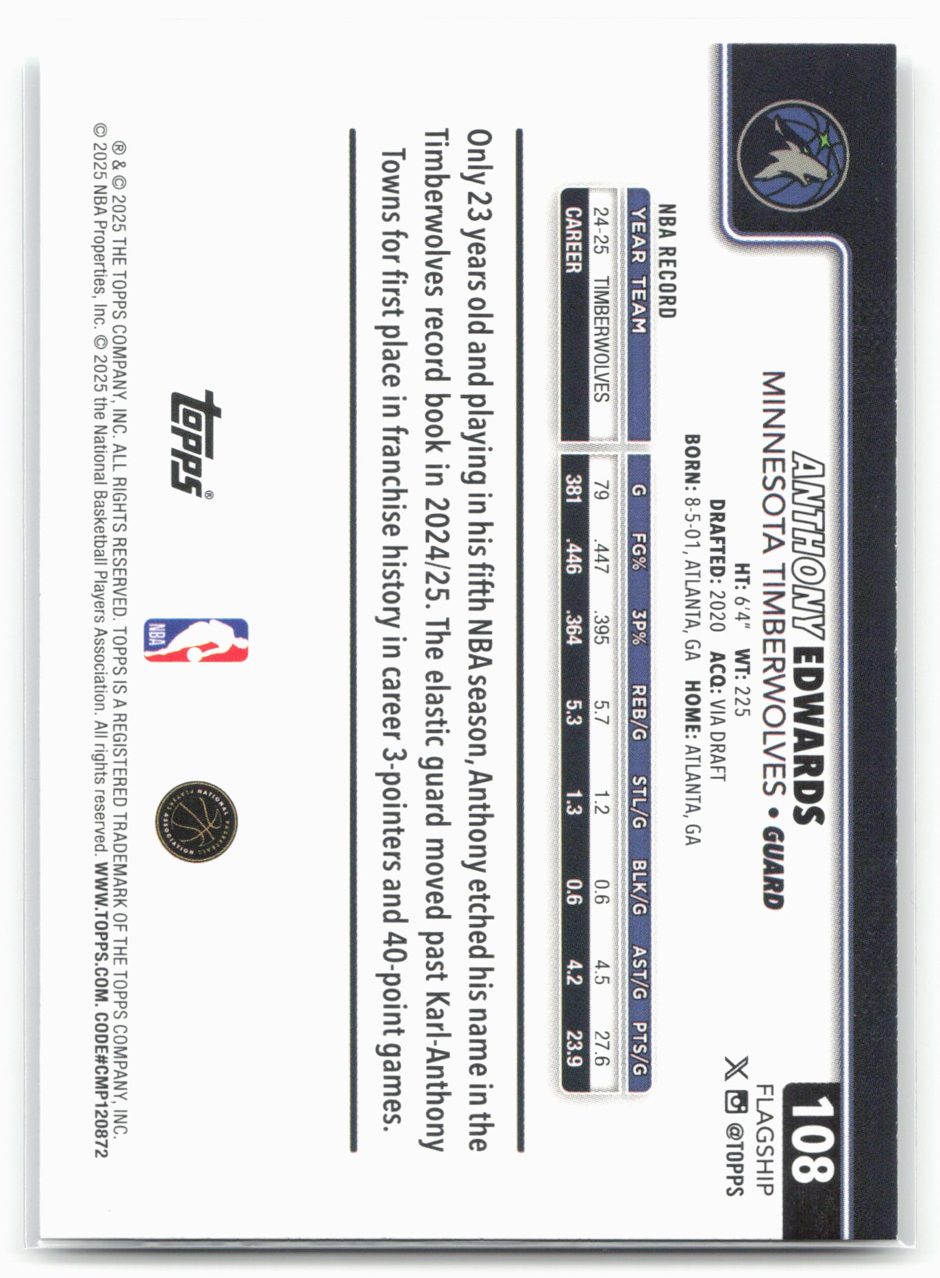 2025-26 Topps #108 Anthony Edwards