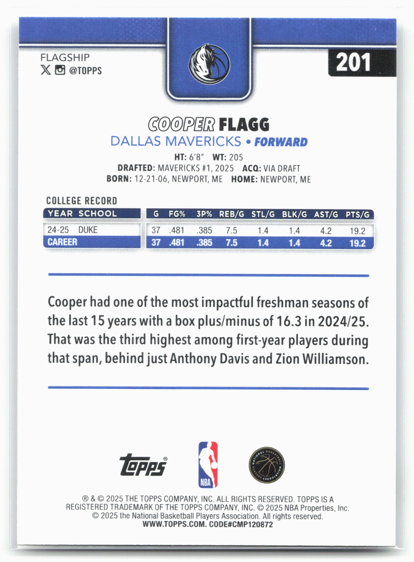 2025-26 Topps #201 Cooper Flagg